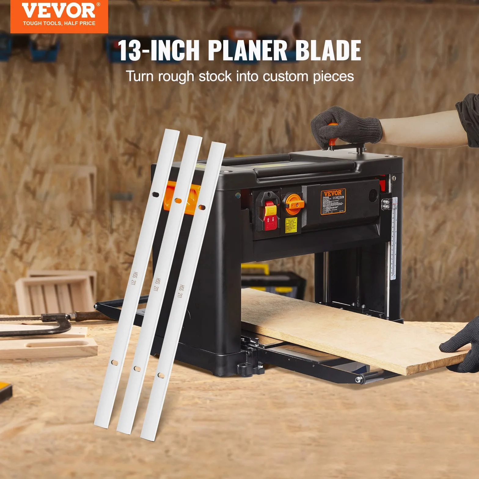 VEVOR Cuchillas para Cepilladora Eléctrica 3 Pcs Acero de Alta Velocidad Borde Único Cuchillas de Cepilladora para Carpintería Ángulo de Bisel 45° Cuchillos HSS para Planes para Cepilladora HRC55-60