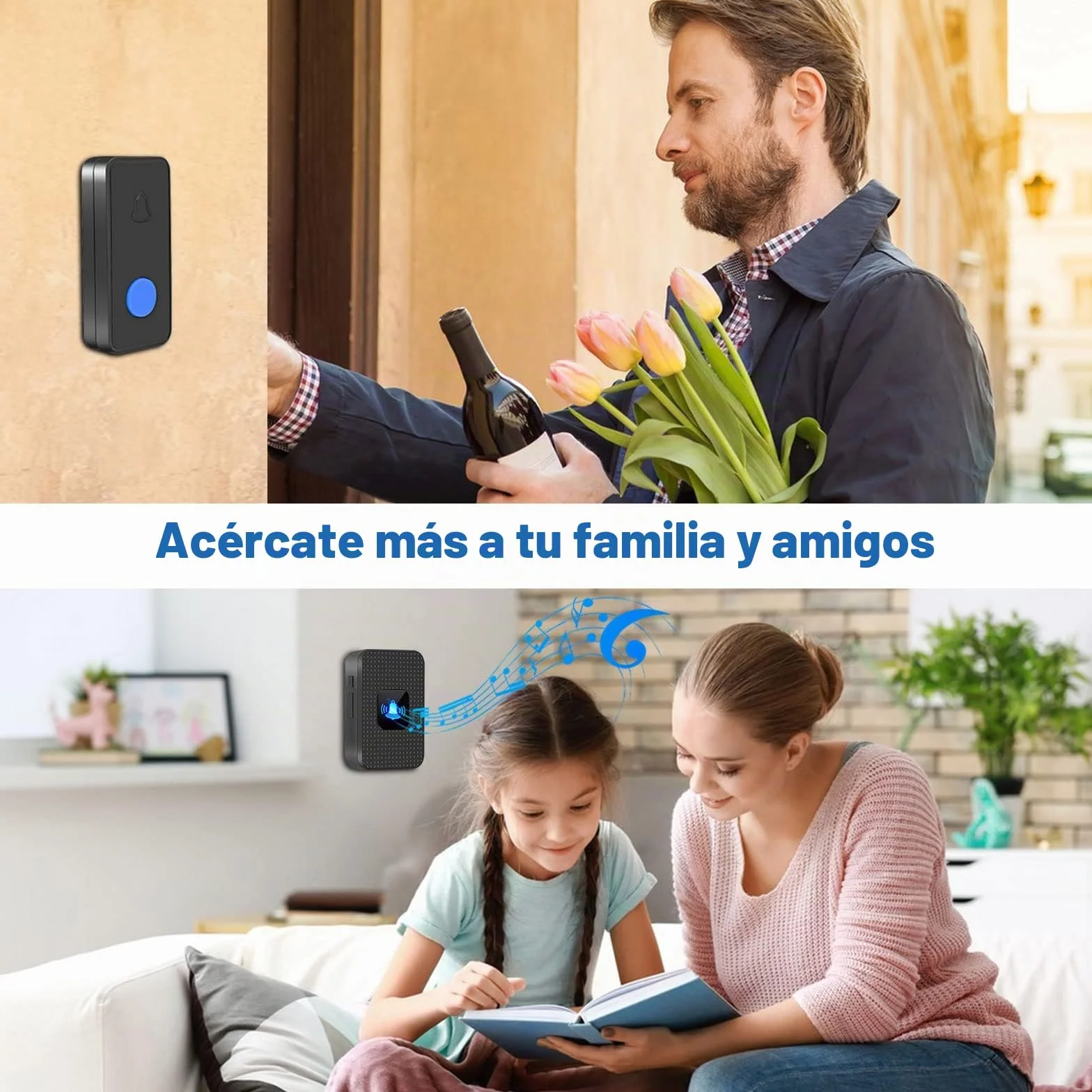 Nestling Timbre Inalámbrico, Kit Timbre Inalámbrico Exterior Impermeable IP55, Alcance 300m, 55 melodías, 5 Niveles de Volumen, LED Azul para Emergencias en el Hogar Oficina, Negro