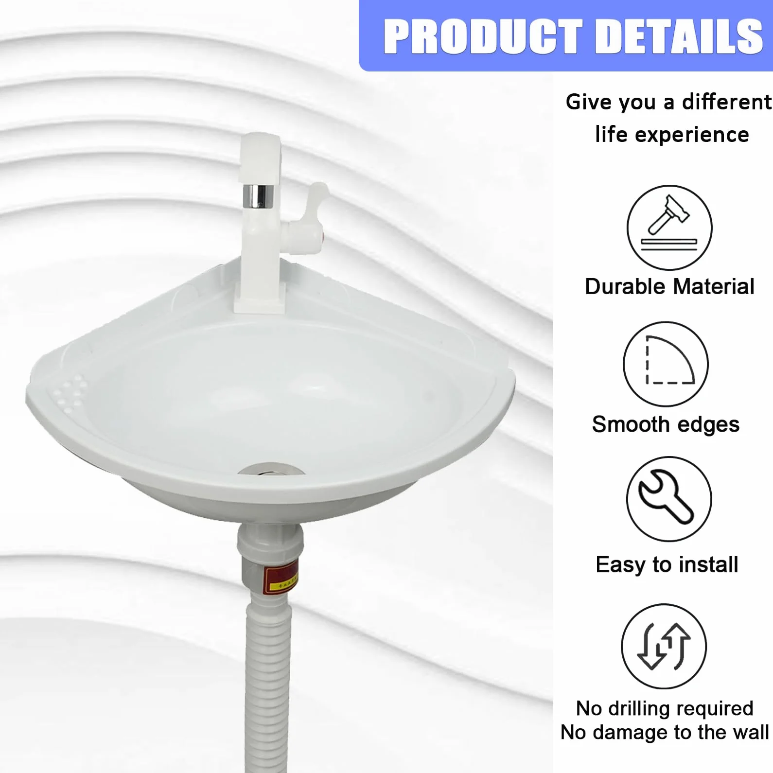 Lavabo de Esquina Pequeña de Plástico Para Baño, Fregadero de Montaje En Pared Suspendido Con Grifo y Juego de Desagüe - Mini Para RV Wc Sótano
