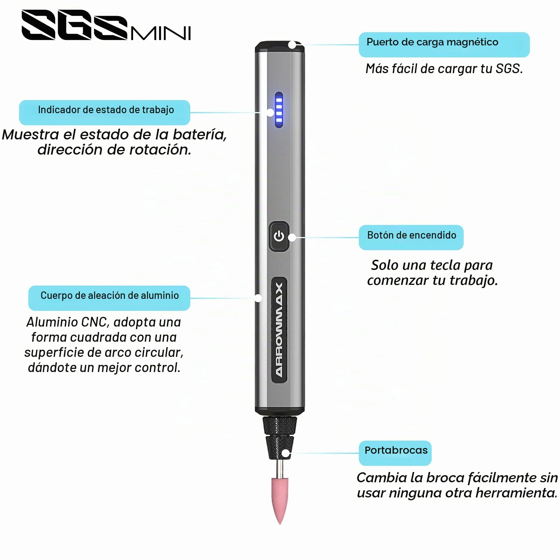 ARROWMAX Herramienta rotativa eléctrica inalámbrica, pluma de grabado con 36 bits, caja de aluminio, Bluetooth, aplicación, carga magnética inalámbrica, madera, vidrio, tallado (SGS MINI)