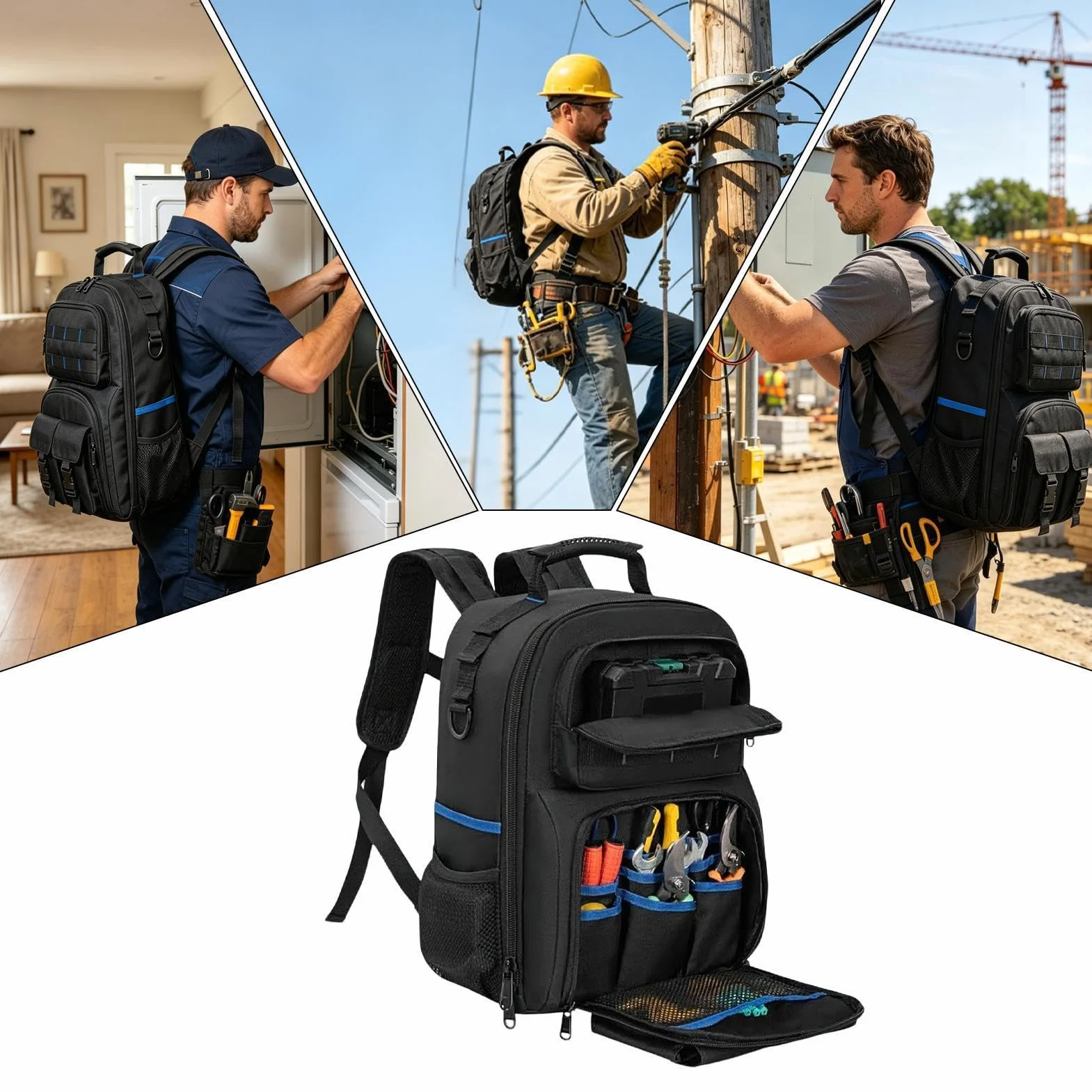 Mochila Para Electricista: De Herramientas Para Electricista, De Herramientas Con Fondo Rígido, Mochila De Trabajo Con Almacenamiento En El Fondo Rígido | Organizador De Trabajo Con Múltip