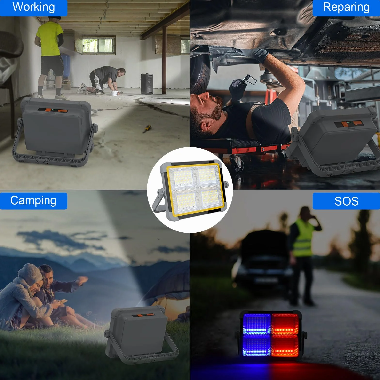 ERAY Foco LED Recargable 150W, Foco de Trabajo Portátil con Doble Panel Solar Batería de 9000mAh/336 LEDs/4 Modos de Luz/IP66/Banco de Energía para Camping, Emergencia, Trabajo