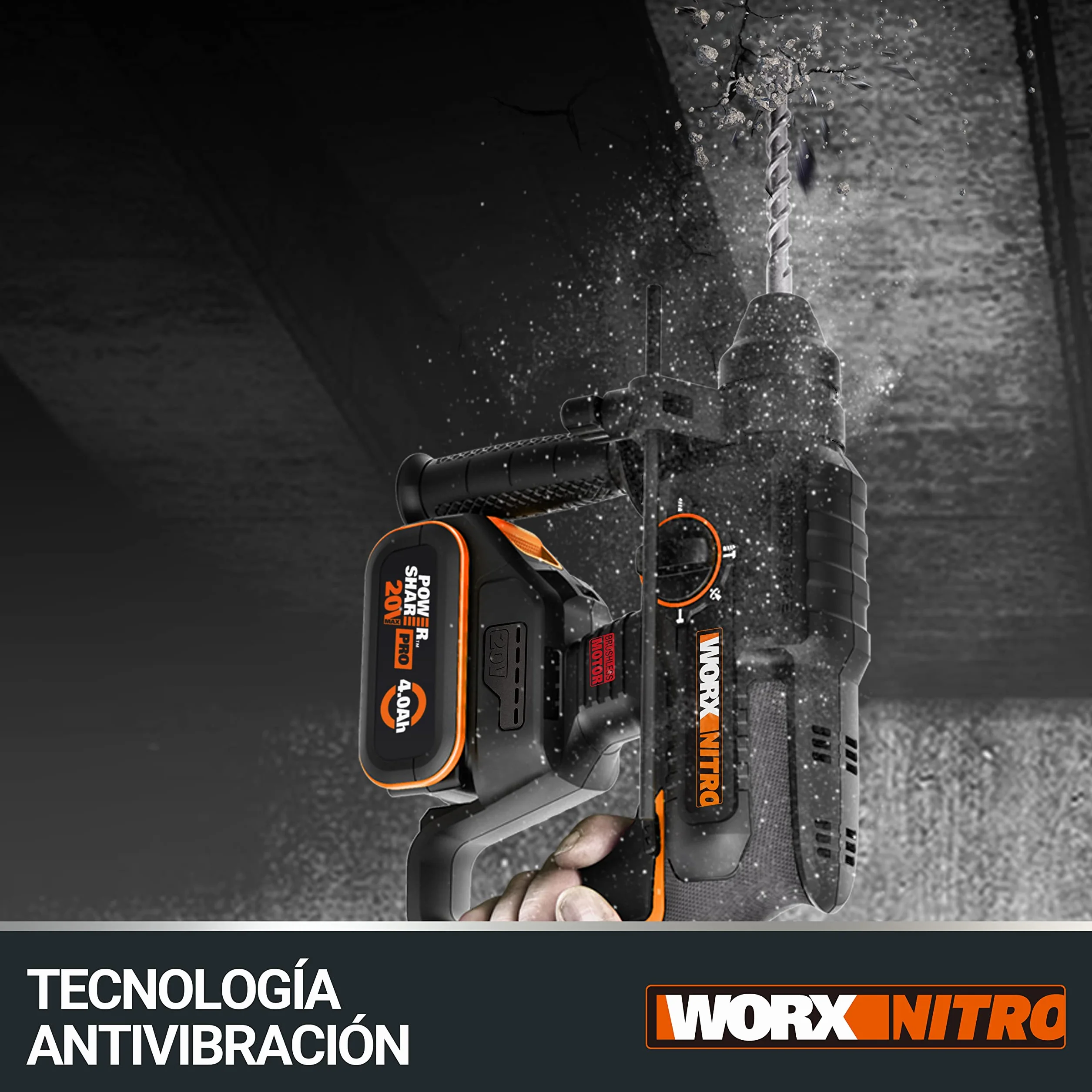 Worx WX381 Martillo Perforador Brushless 20V 2J Batería 4Ah