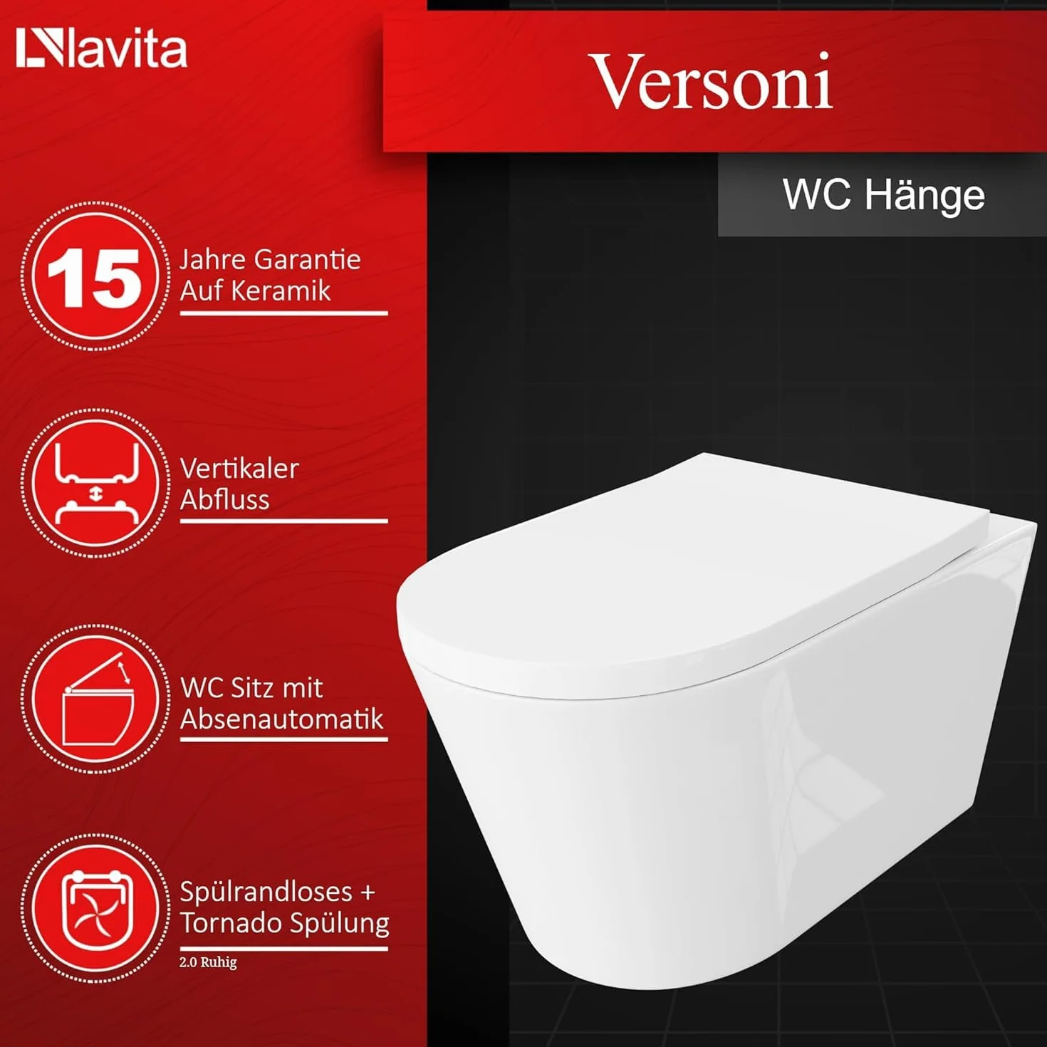 Lavita Conjunto: elemento de pared Duofix Basic WC de descarga profundaVersoni blanco sin reborde con sistema de descarga Tornado+asiento de WC con cierre automático+con botón blanco Conjunto completo