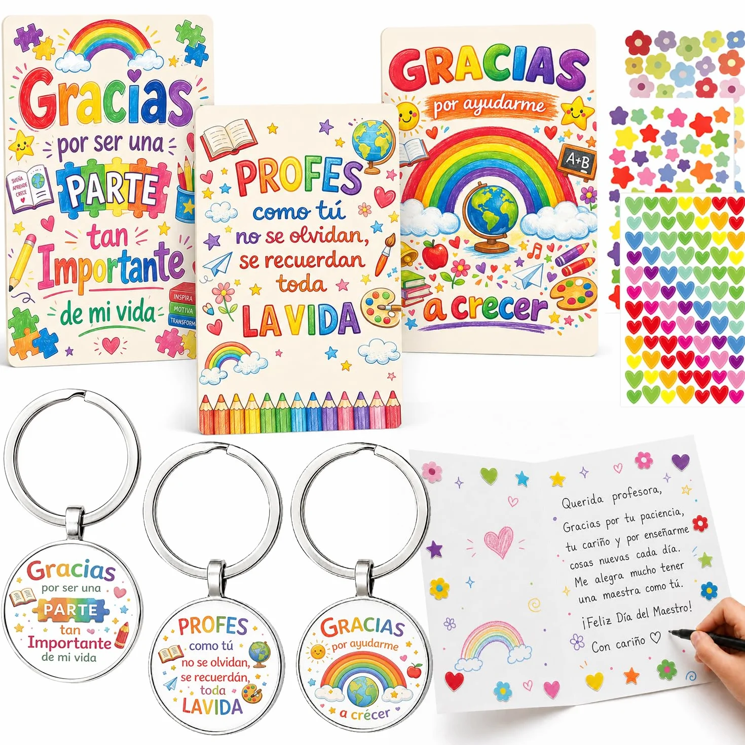 Set de Regalo Profesora Infantil con Pegatinas, Tarjetas y Llaveros para Maestra