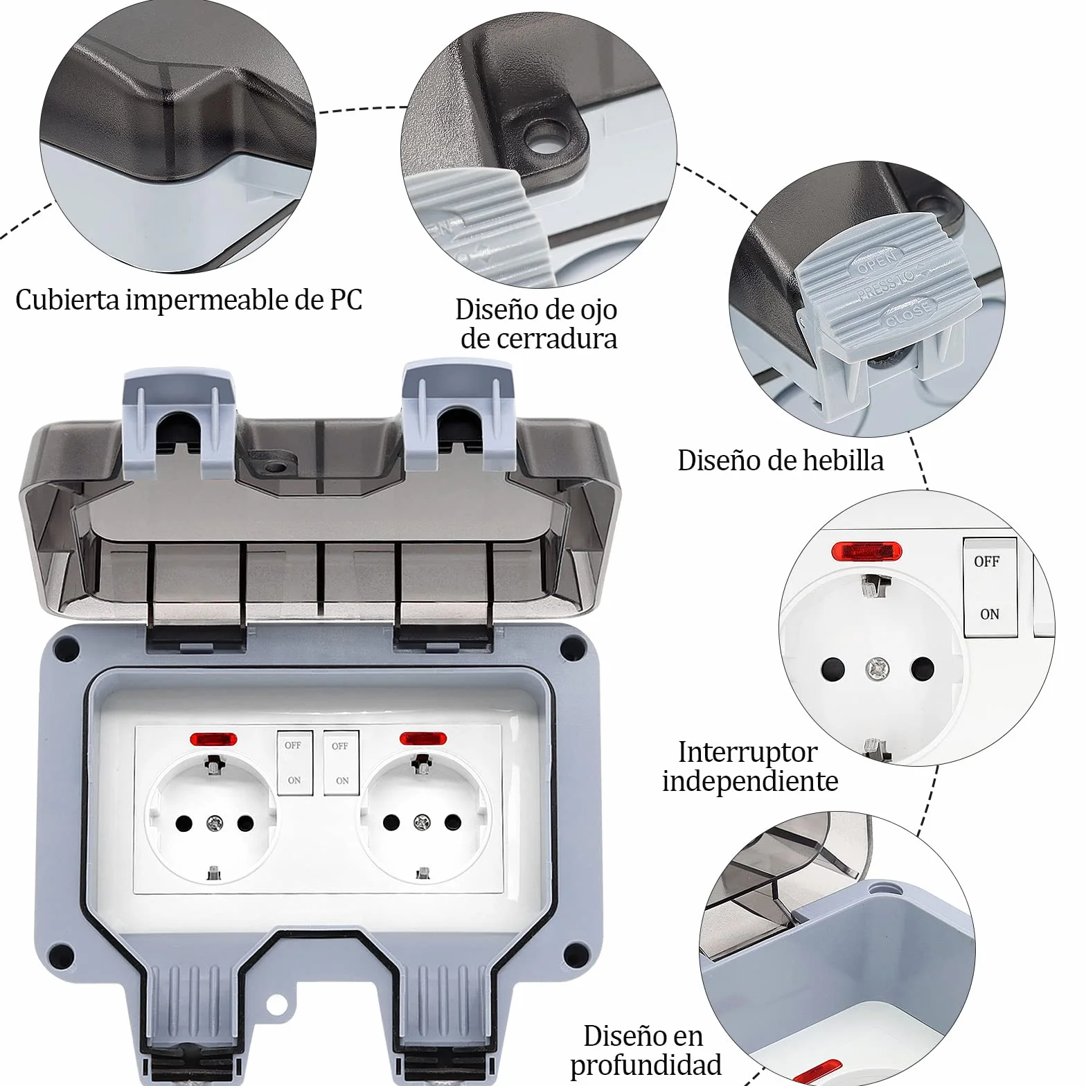 Enchufe Exterior Impermeable, Toma de Corriente IP66, Estanco con Interruptor, Conector de Cable y Tapa Abatible, para Cocina Baño Garaje Piscina y Jardín