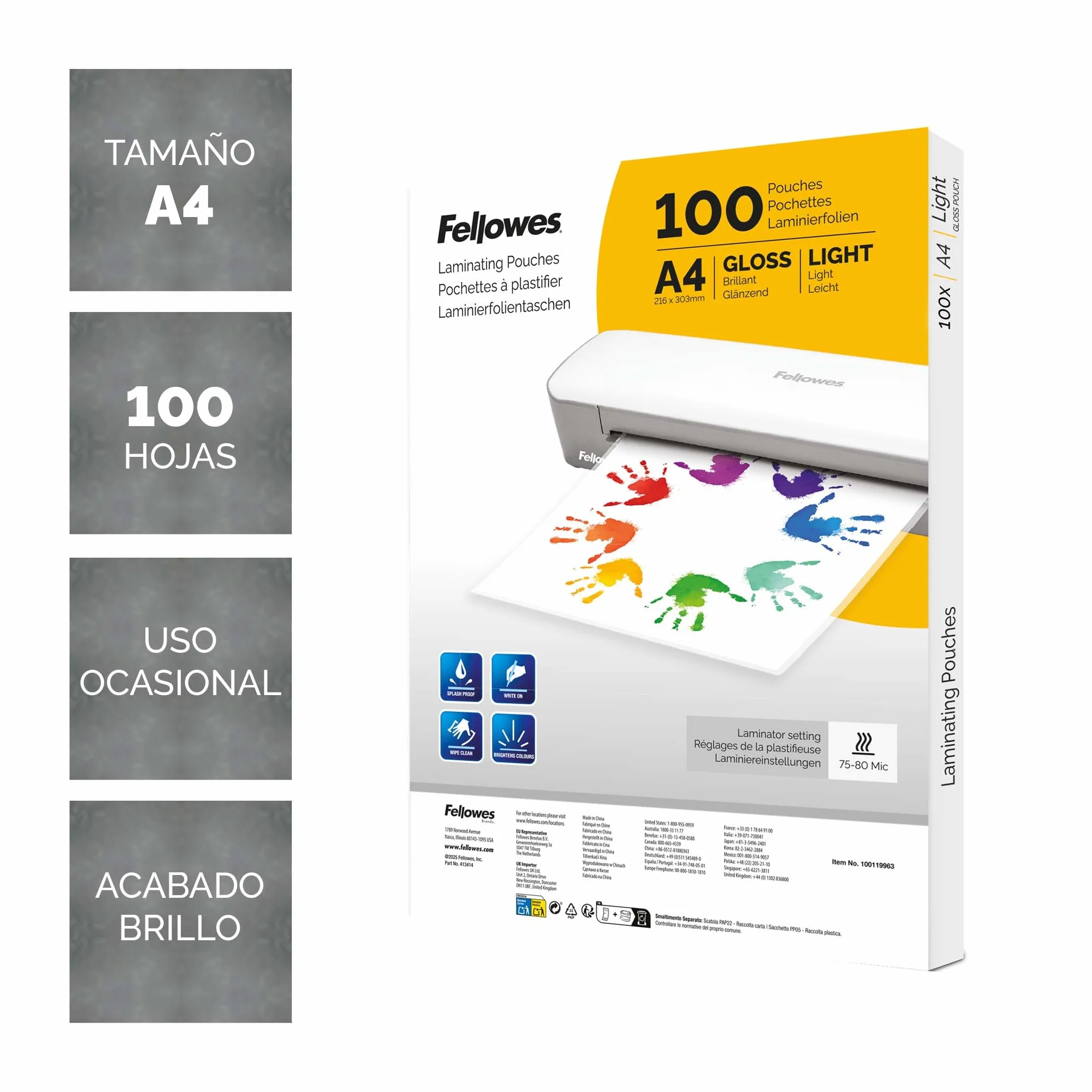 Fellowes Fundas de plastificar A4, Pack 100, brillo, para fotos, carteles, documentos