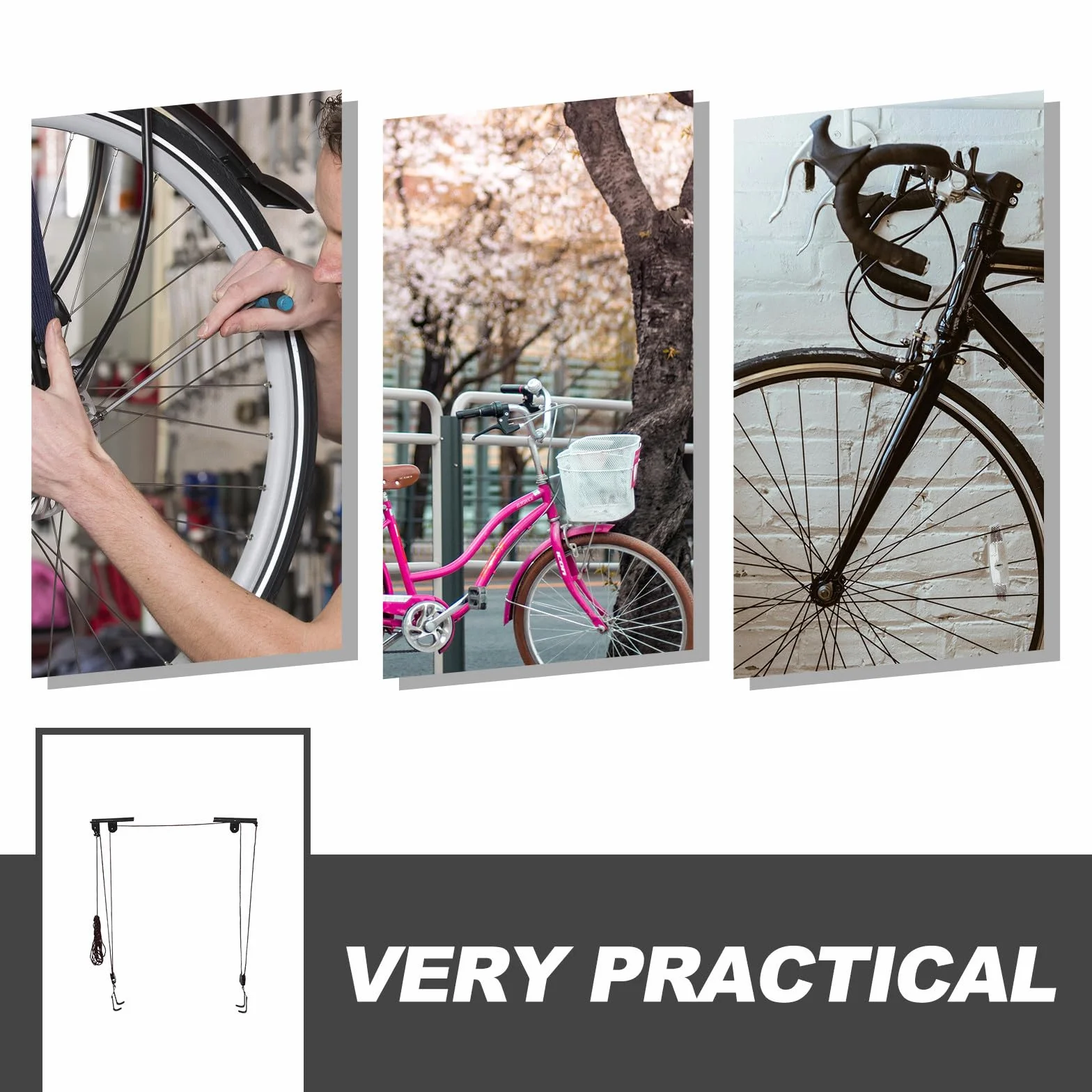 VILLCASE Elevador de Bicicletas de Acero Negro para Garaje Soporte de Pared, Sistema de Poleas para Colgar Bici y Ahorrar Espacio Hogar