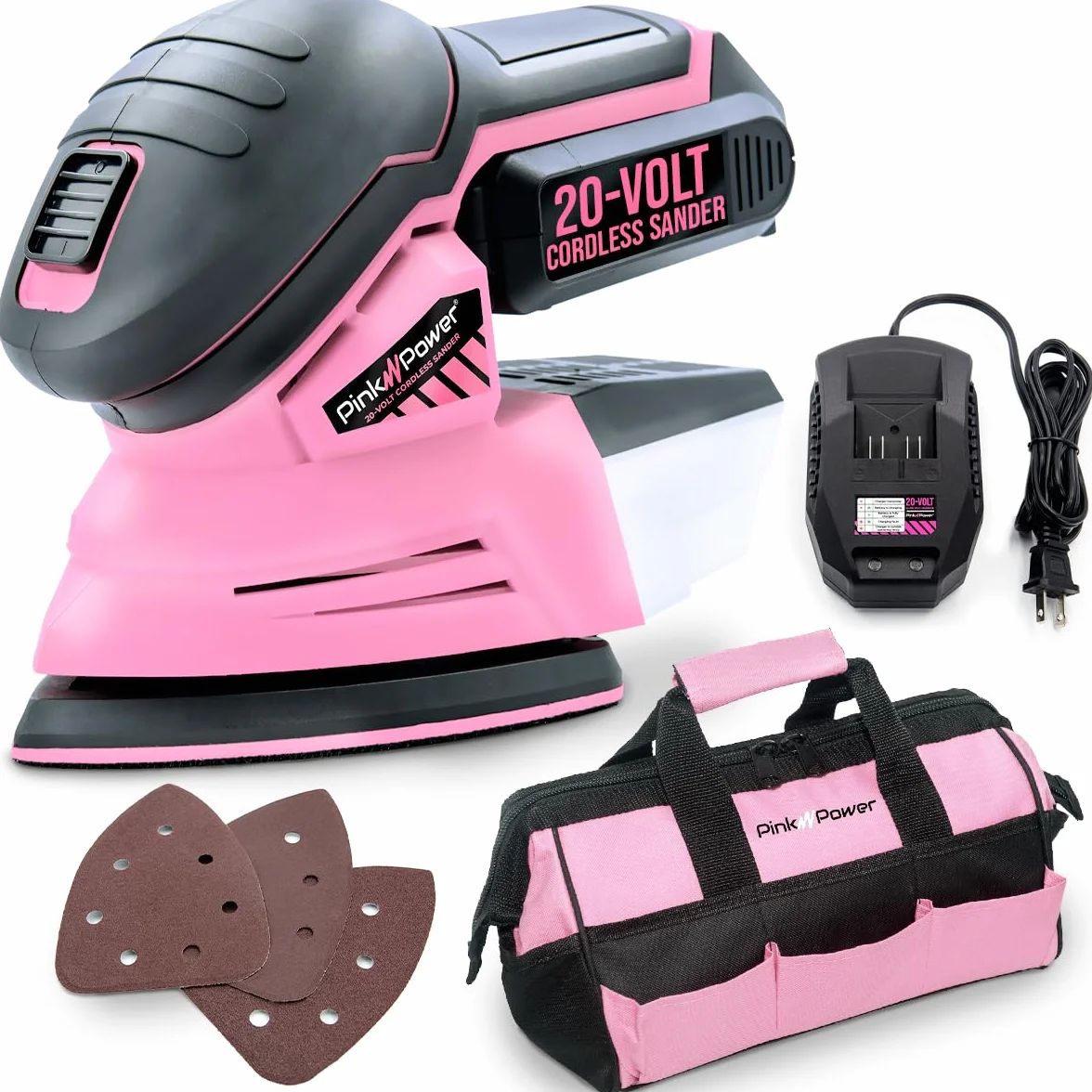 Pink Power Detail Sander - Lijadora de mano eléctrica inalámbrica de 20 V para muebles de madera, mini lijadora de palma con papel de lija, batería de iones de litio y cargador, pequeña lijadora de
