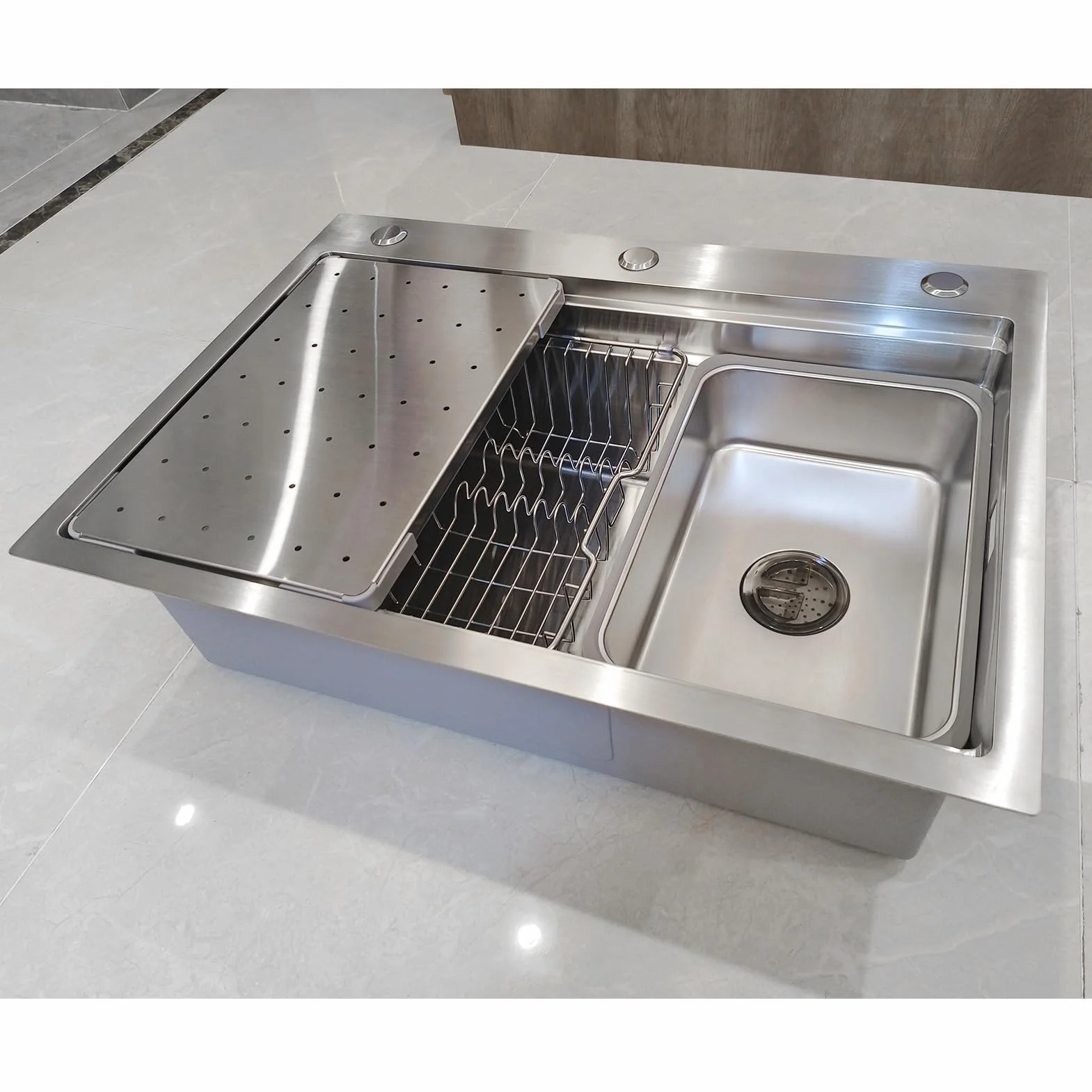 Fregadero de cocina multifunción de 65 x 50 cm, de acero inoxidable 304, hecho a mano, fregadero de cocina grande de una bañera, instalación a ras o sobre encimera con bañera extraíble