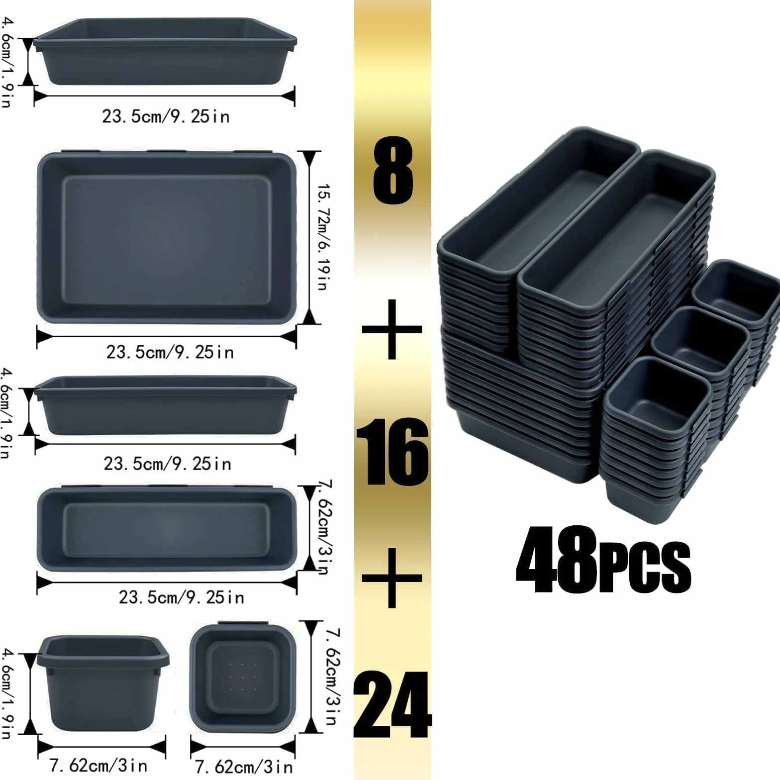 Organizador de Cajones 48 pcs Plástico Separadores para Cocina Baño Maquillaje Escritorio Negro