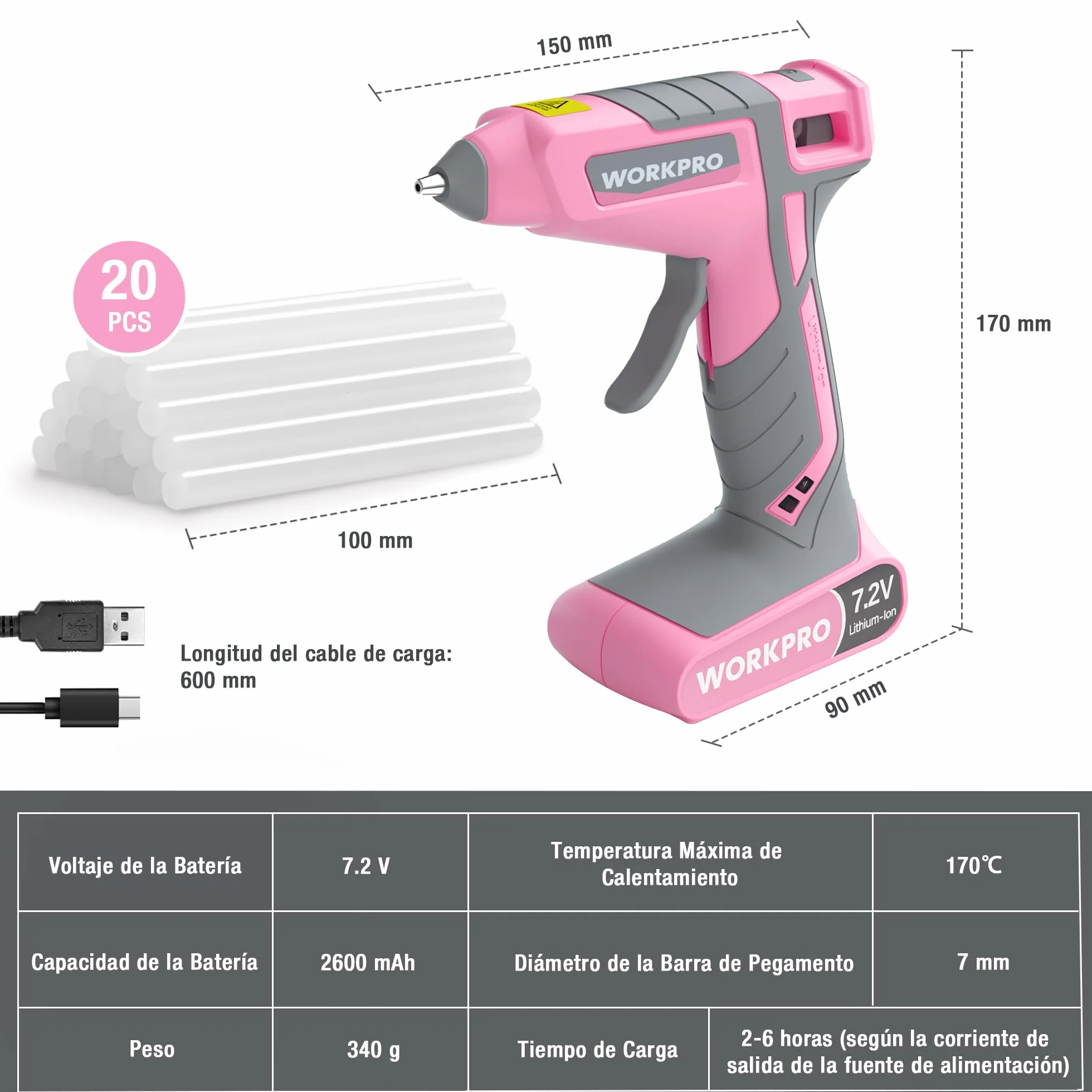WORKPRO Pistola de Silicona 7,2 V Inalámbrica y con Cable, 20 Barras Incluidas, Calentamiento Rápido 30 s, Flujo Constante de Pegamento, Carga USB-C, para Manualidades y Reparaciones | Calentamiento Rápido en 30s con Flujo Constante para Manualidades, Rep