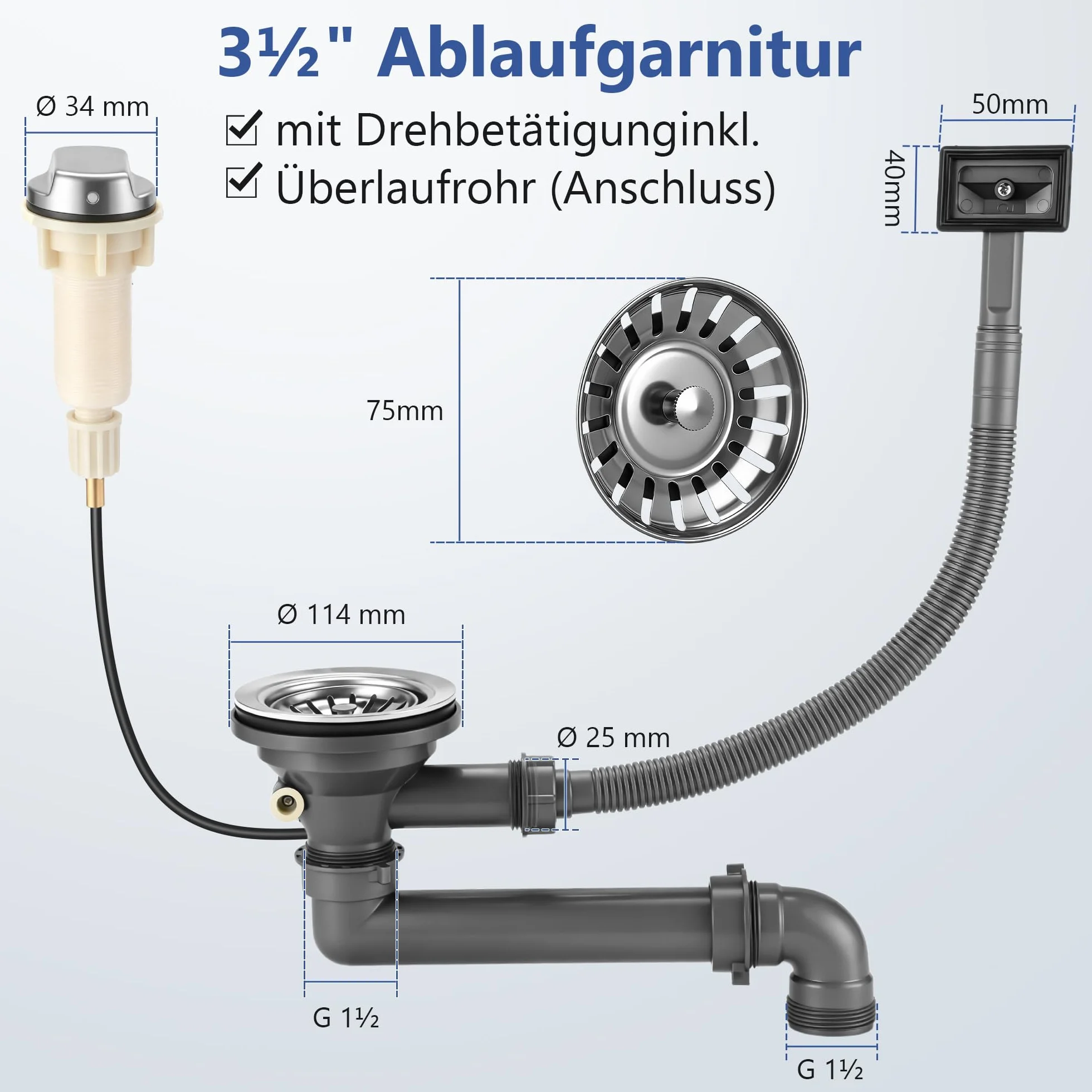 Enhon Keenberk Desagüe de Fregadero con Válvula de Canasta para Fregadero de Cocina 3 1/2" Ø 114mm, Control Excenter con Cable Bowden, Desagüe Universal para Fregaderos de Acero Inoxidable, Granito