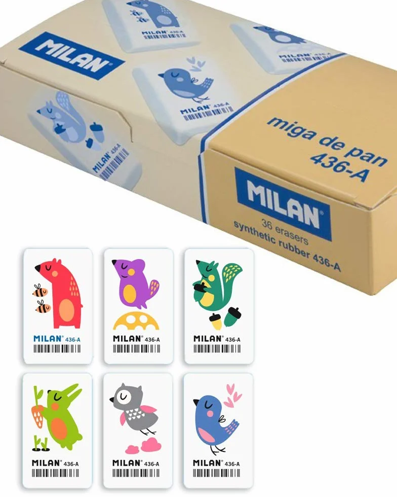 MILAN Caja 36 gomas de miga de pan con dibujos en colores de animales