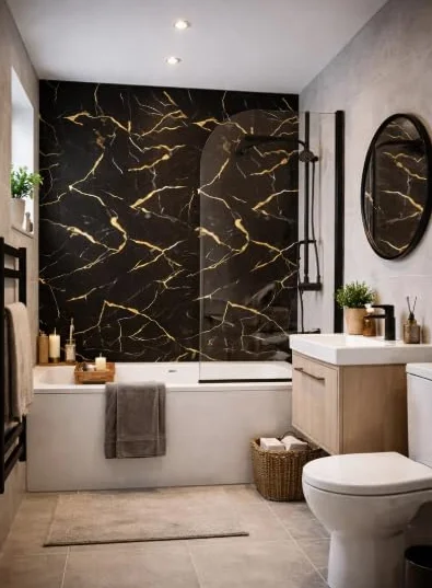 Be-Creative - Juego de 4 paneles de pared de baño con efecto mármol negro y dorado, paneles de ducha de PVC de 240 cm x 60 cm, revestimiento de pared húmedo 100% impermeable para baños, duchas y