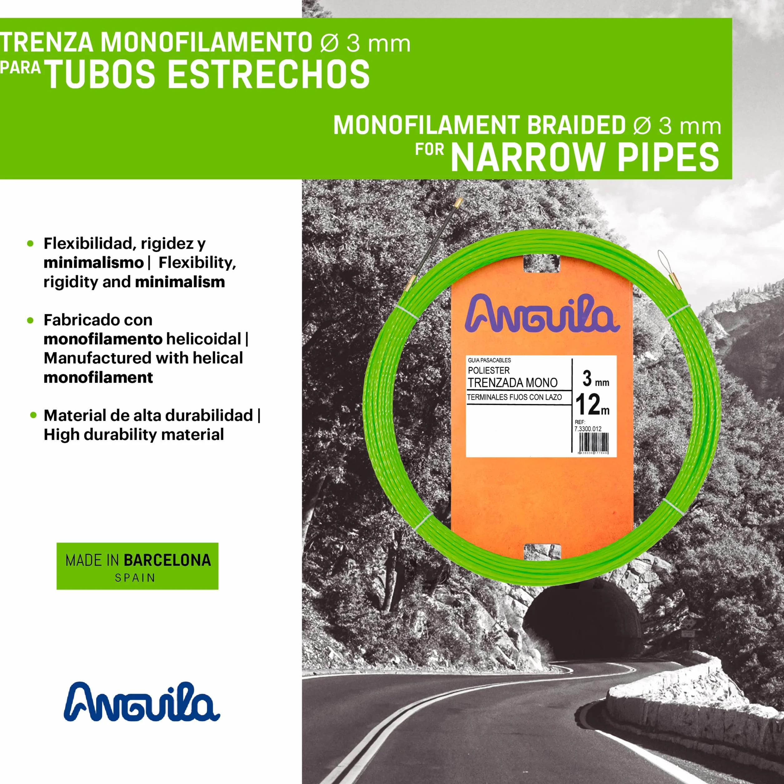 Anguila Max 7.3300.006 Guía pasacables Especial Tubos Poliéster Trenzada Monofilamento 3mm 6 Metros y terminales Fijos con Lazo, Verde