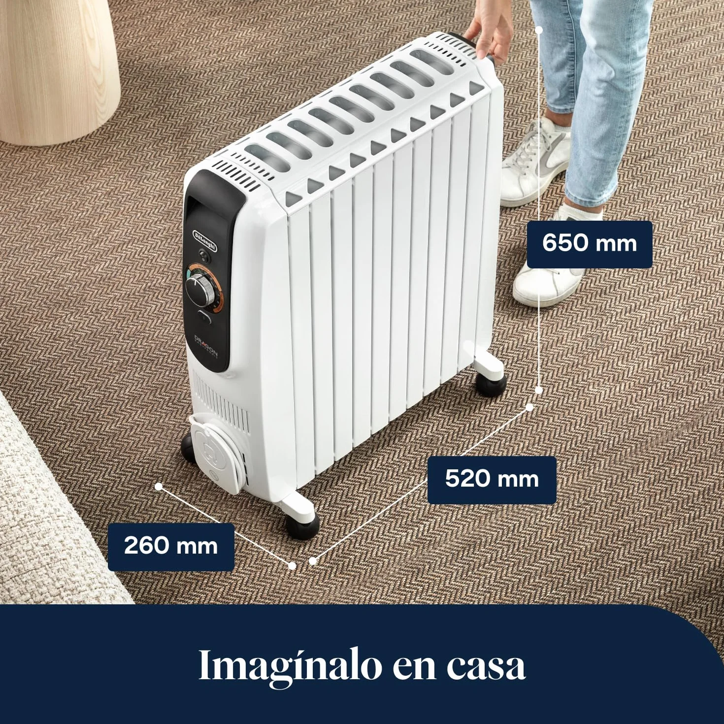 De'Longhi Dragon EasyTronic – Radiador de Aceite para Estancias hasta 75 m³, Calefactor Eléctrico con Termostato de Seguridad, 10 Aletas, Calefacción con 12 Niveles, Portátil, 2500W, Blanco (TRD51025)