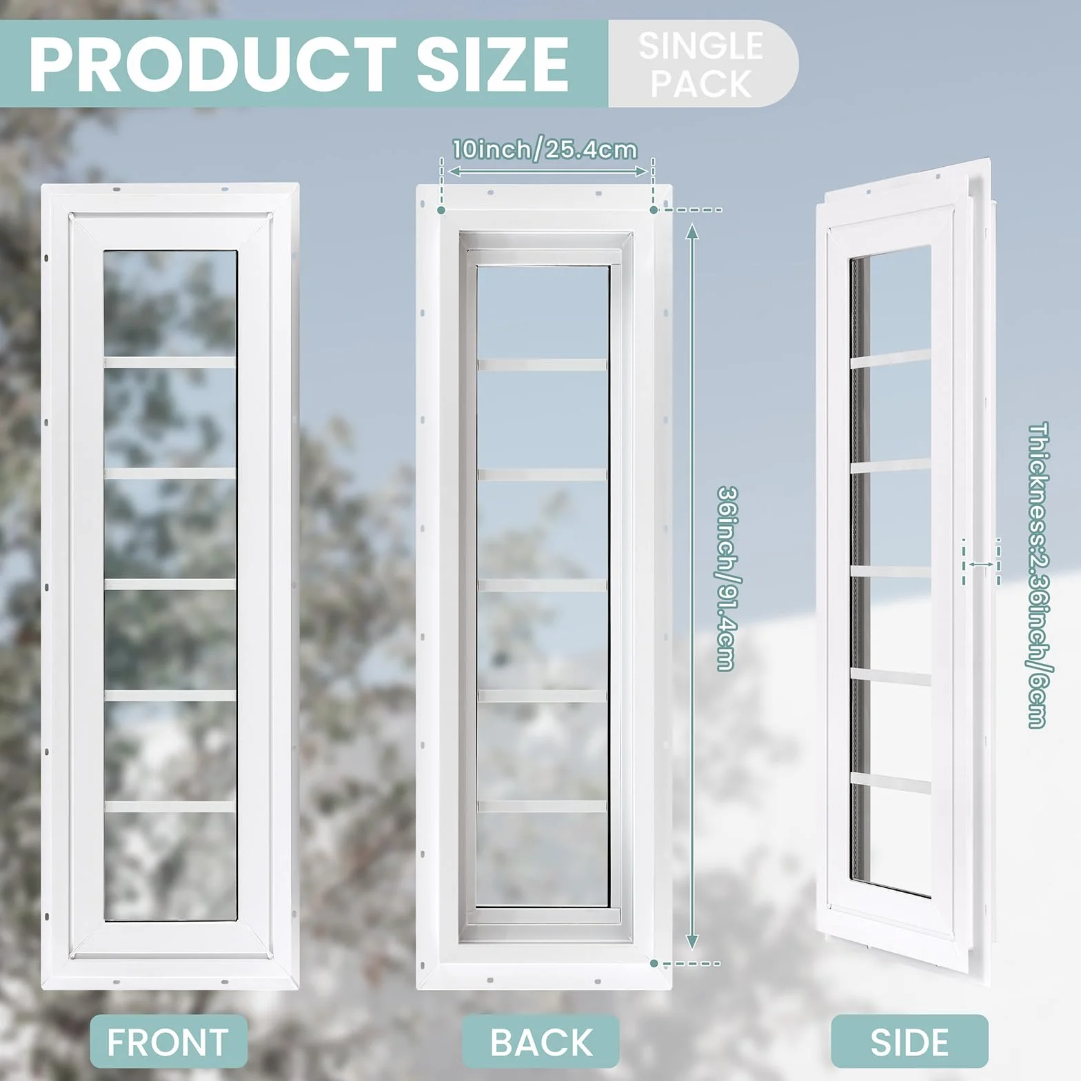 Ventana de vinilo para el hogar, 10 x 36 pulgadas, ventana fija de doble panel con rejillas y vidrio templado para casa, garaje (blanco)