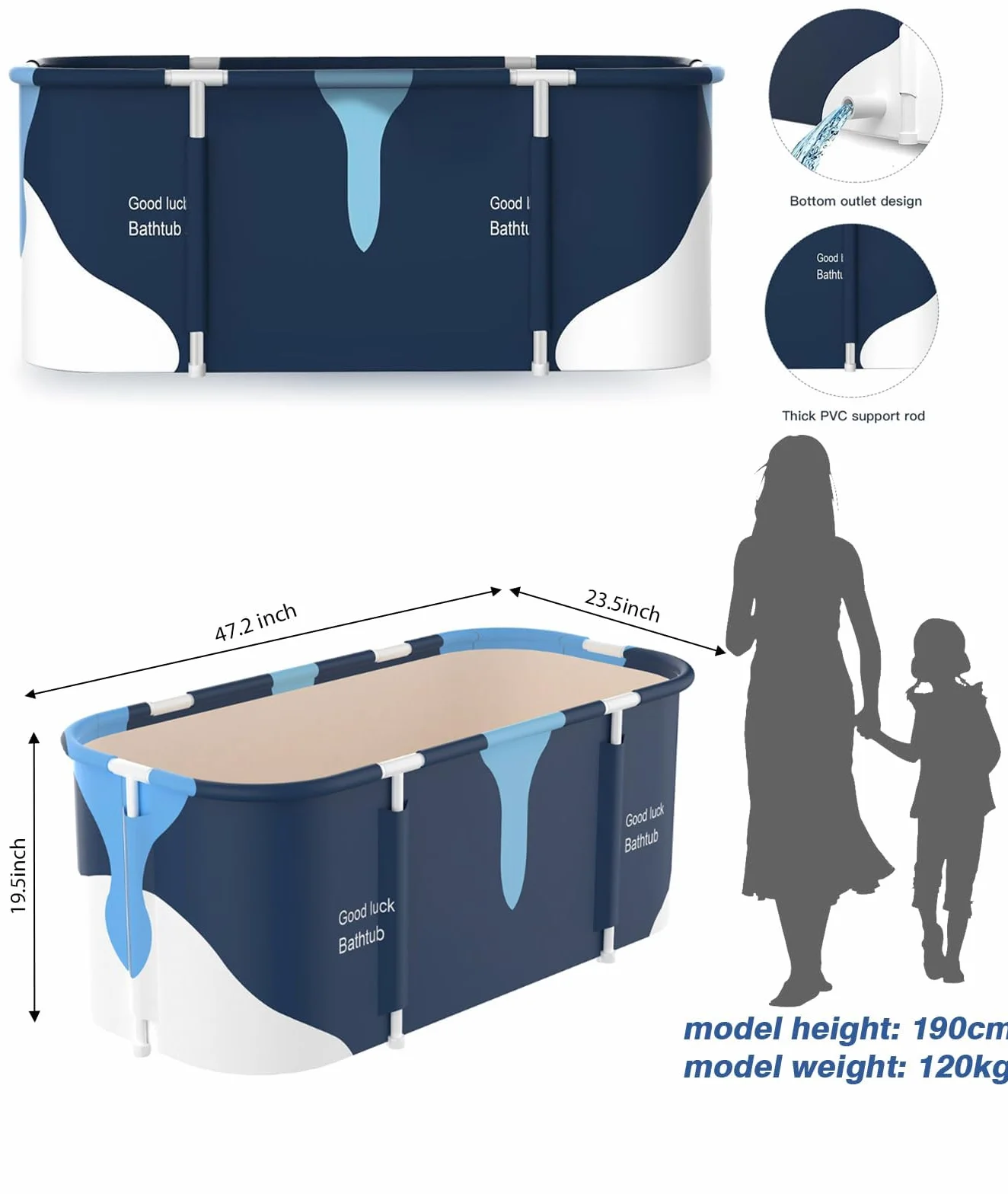 Bañera Plegable para Adultos, 120 x 55 cm - Experiencia de Baño Portátil, Instalación Sencilla, Eco-amigable, Ideal para Spa en el Hogar【Varilla de soporte de plástico】