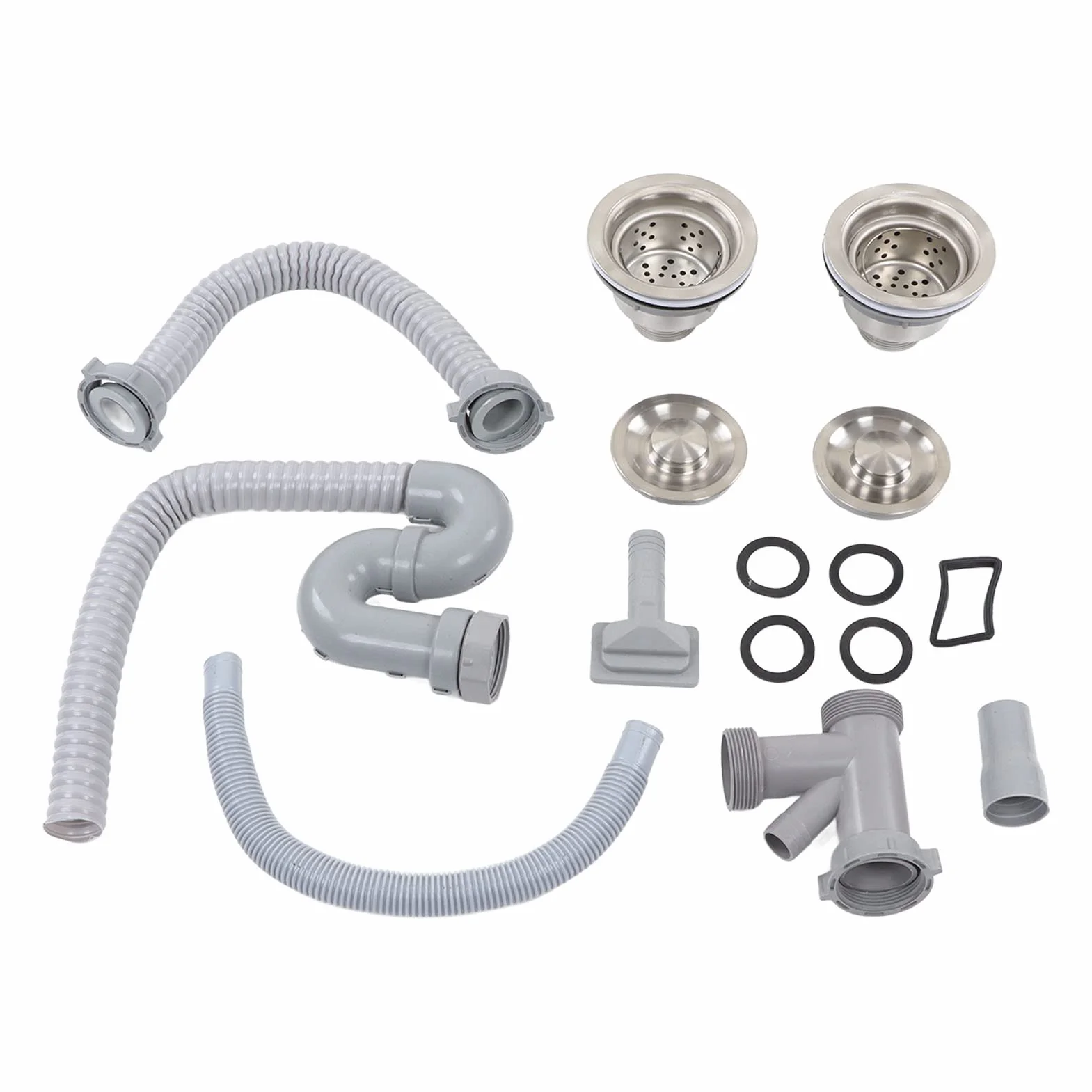 Tubo escurridor de fregadero de cocina de acero inoxidable y ABS con doble drenaje, drenaje rápido, fácil instalación para baño y hogar
