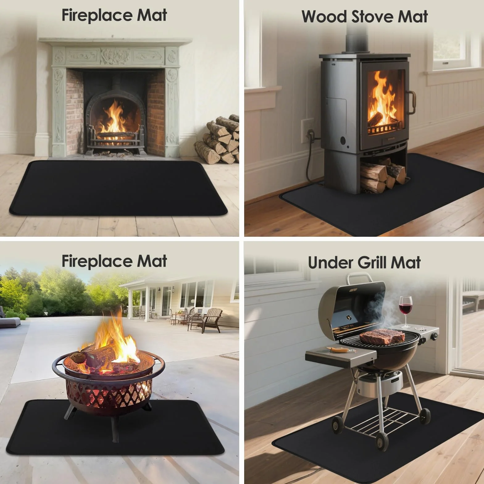 Alfombra antifuego, alfombra ignífuga, ignífuga para estufa de leña, chimenea, interior y exterior, protege los suelos y alfombras de chispas, 150 x 80 x 0,1 cm, color negro