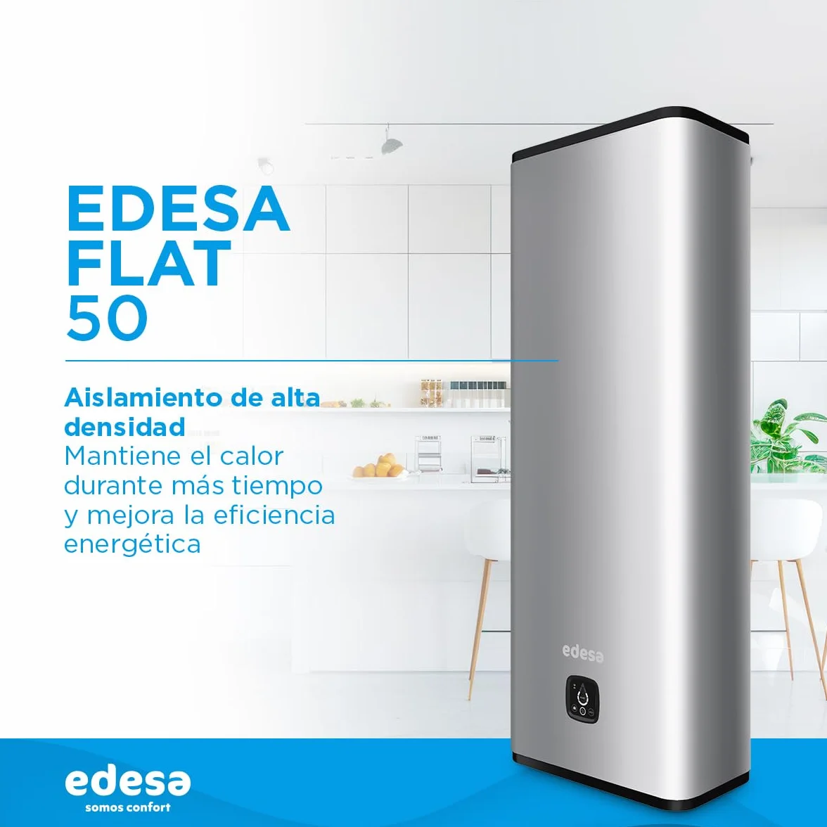 Edesa Flat 50 Wifi, termo eléctrico 50 litros, Calentador de agua horizontal o vertical, medidas 76,5 x 490 x 310cm, Fabricado para ser instalado en España