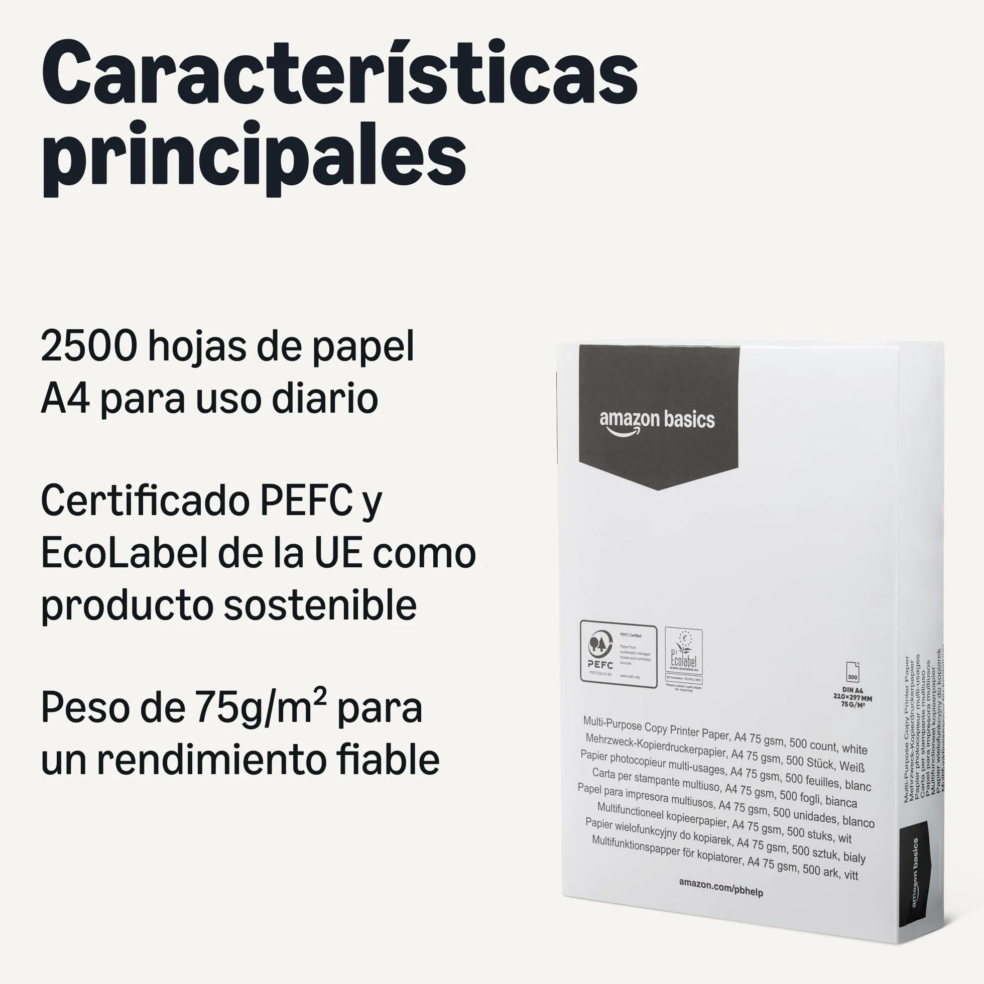 Amazon Basics Papel Multiusos A4 75g/m² 2500 Unidades Blanco