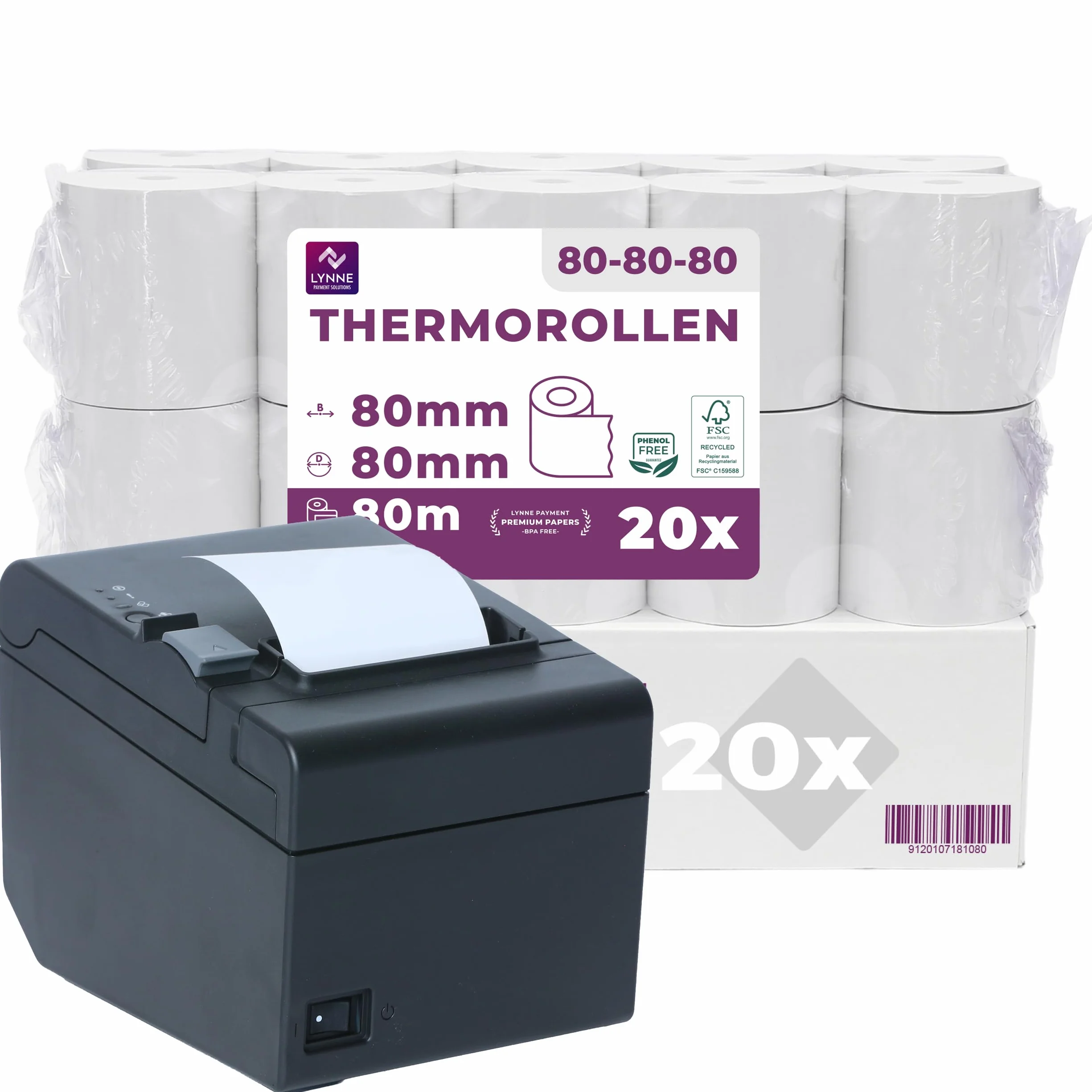 LYNNE - Rollos Papel Termico 80x80 para Impresora de Tickets - Para caja registradora con impresora de recibos - Papel impresora Termica 80x80x12 - Rollo Papel térmico 80mm x 80mm x 80m - [20x]