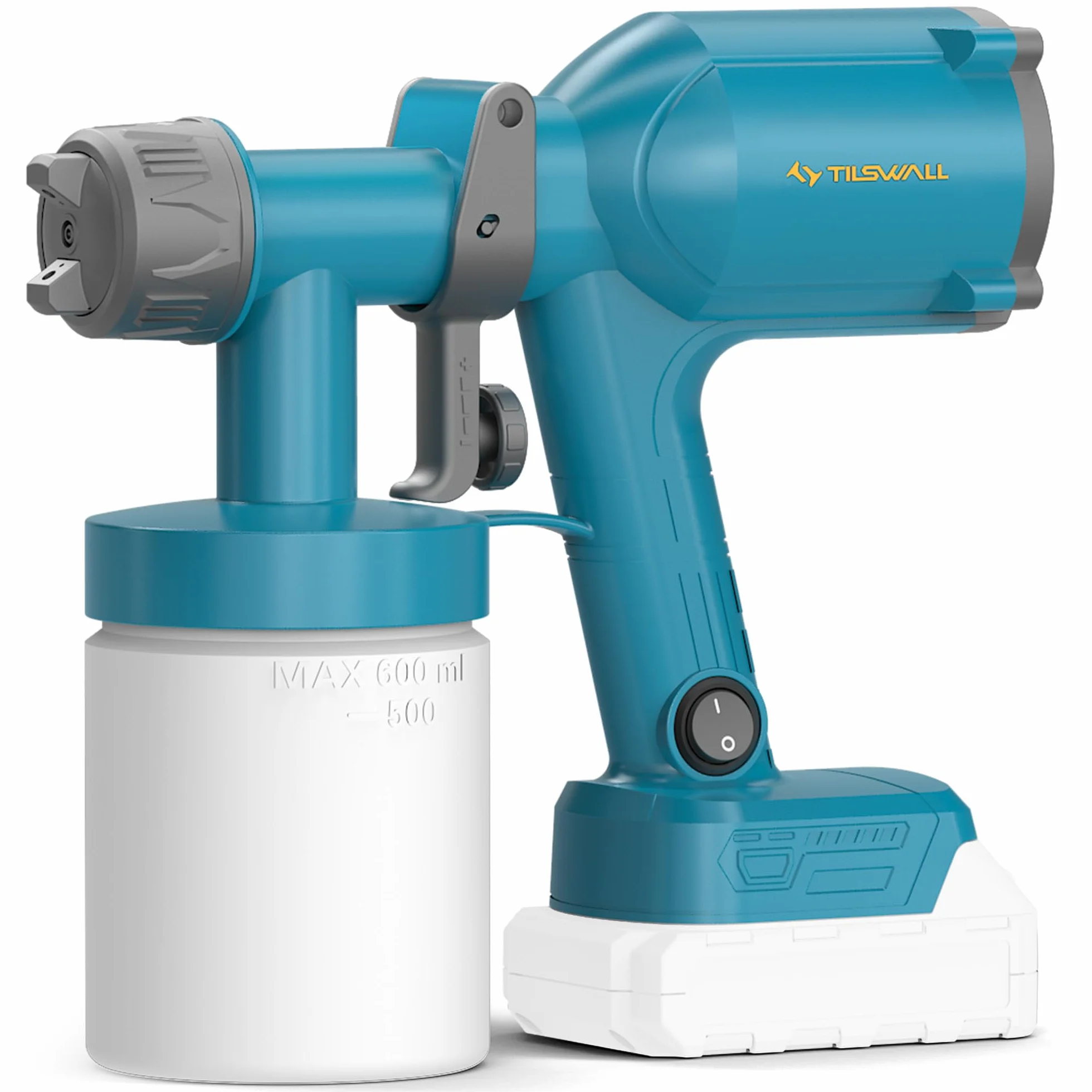 Tilswall Pistola de Pintura Eléctrica - Pistola Pulverizadora Eléctrica Inalámbrica y Ultraligera - Compatible Batería Makita 18V (No Incl.) 600ml, 2 Boquillas & 3 Modos, Para Pintar Paredes y Muebles