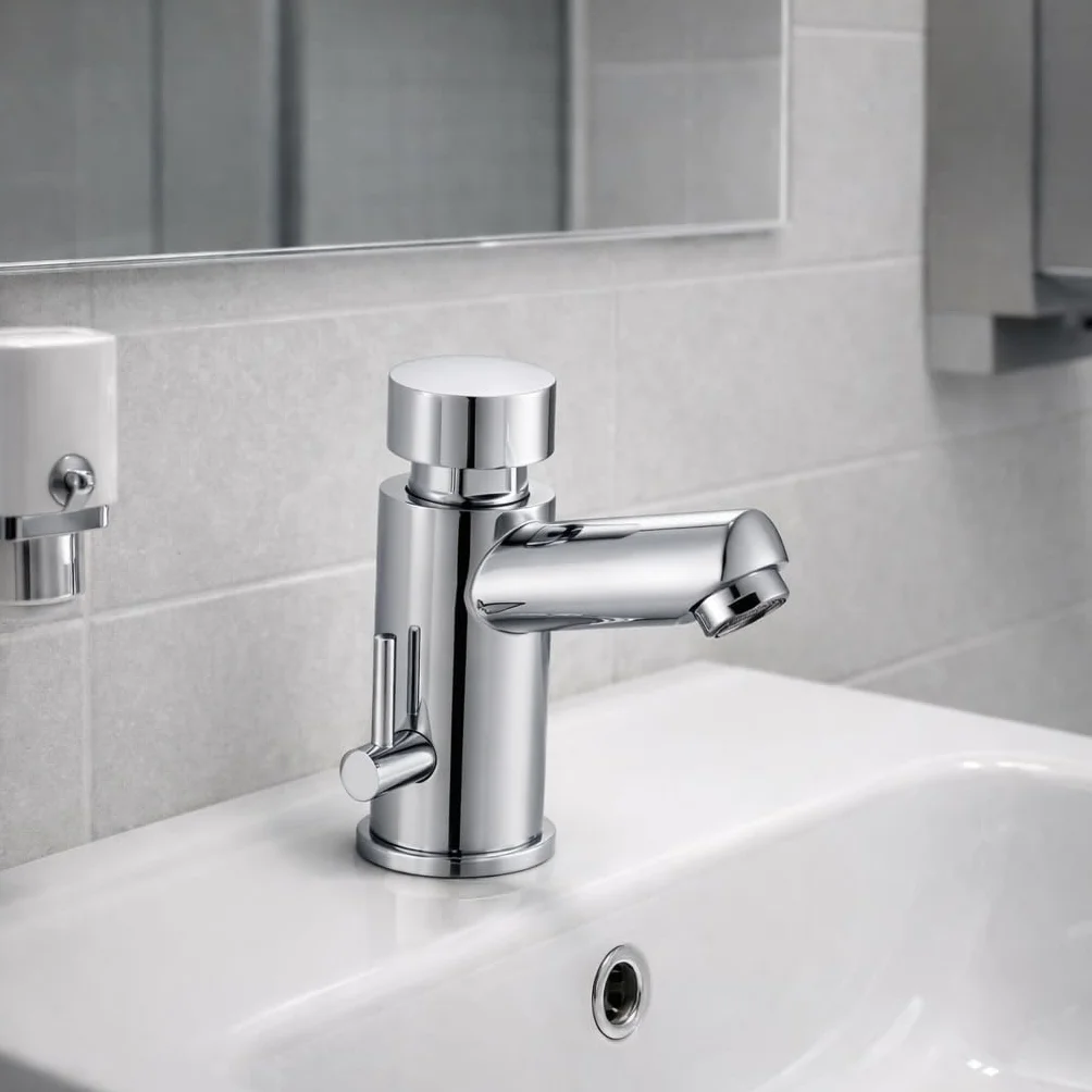 Grifo Temporizado para Lavabo, 2 Aguas (Agua Caliente y Fría), Diseño Cromado, Control Eficiente de Agua