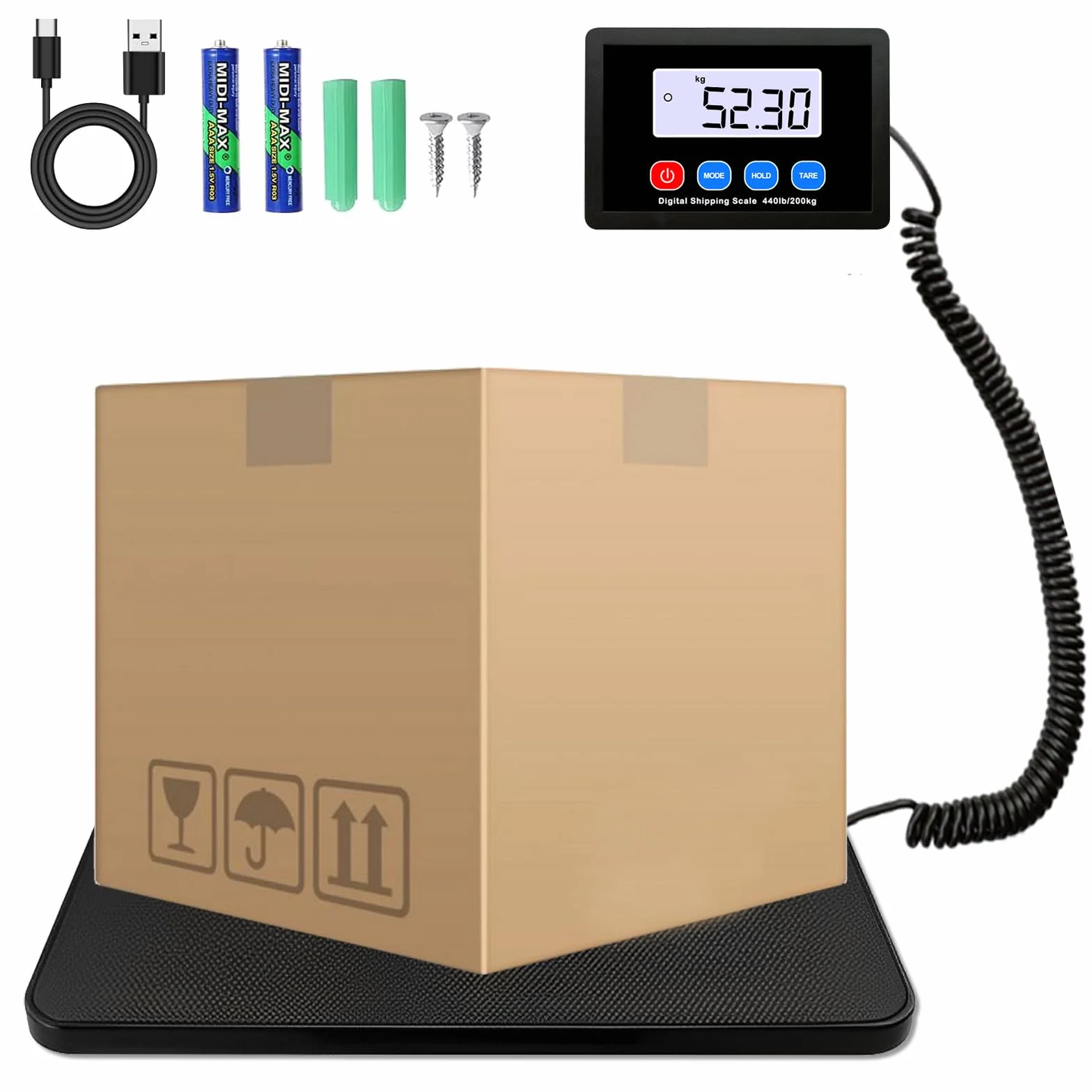Báscula de Paquete 200KG, Balanza Postal Digital con LCD, Tara, USB, para Paquetes y Almacenes