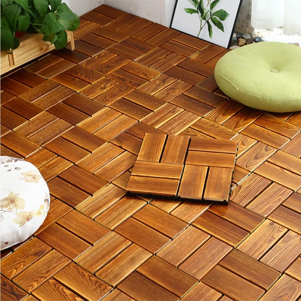 Baldosas Madera Suelo, Baldosas Exterior Suelo, Entrelazadas Baldosas para Terraza Jardín, Terraza, Balcón 30 x 30 cm, Fáciles de Colocar Marrón D 33PCS