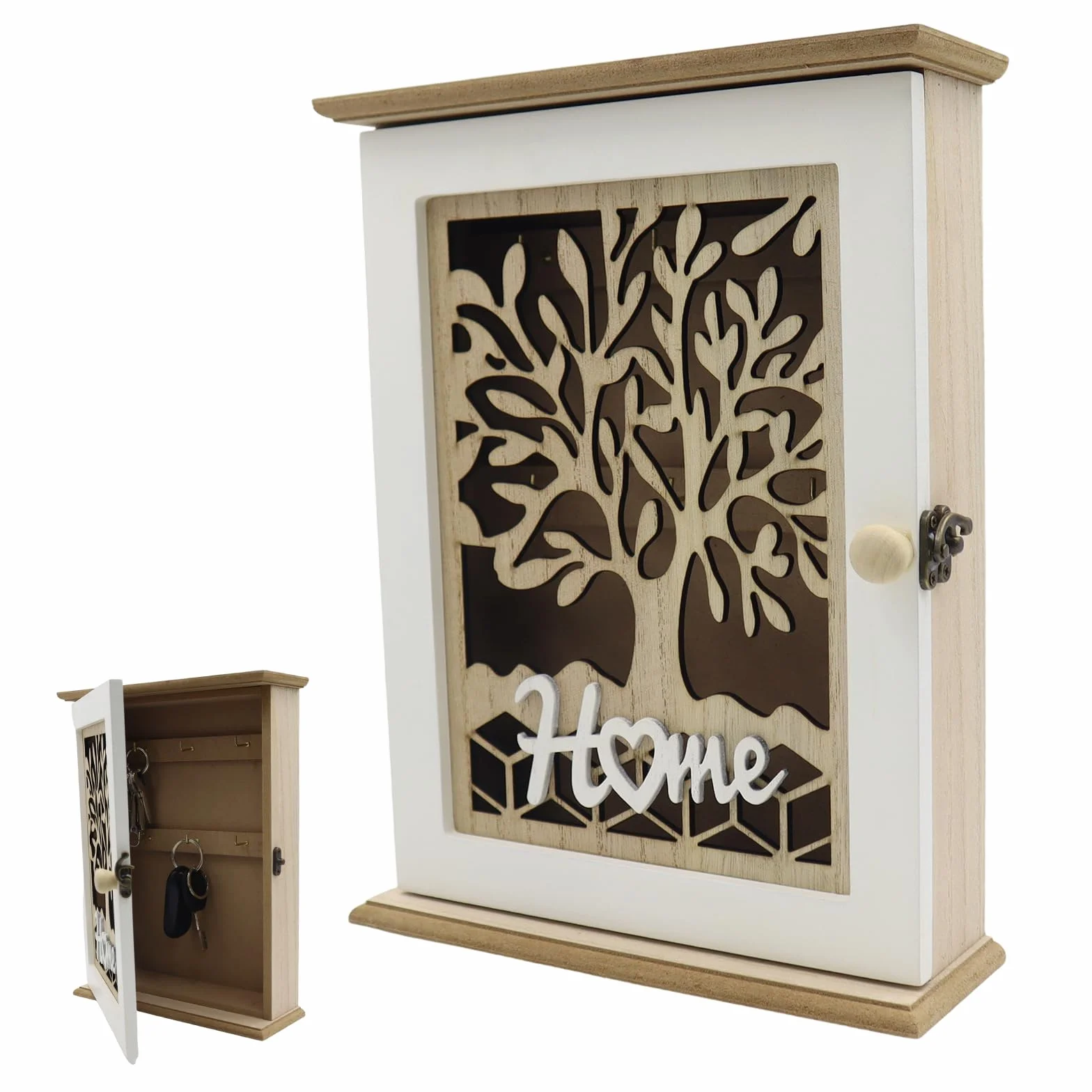 1 Pieza Caja de Madera para Llaves,Caja de Llaves Madera Decorativa,Armario Llaves con 6 Ganchos,Diseño Hueco Retro Decuada para Colocar en Puertas Garajes Oficinas (28,5x22x7cm)