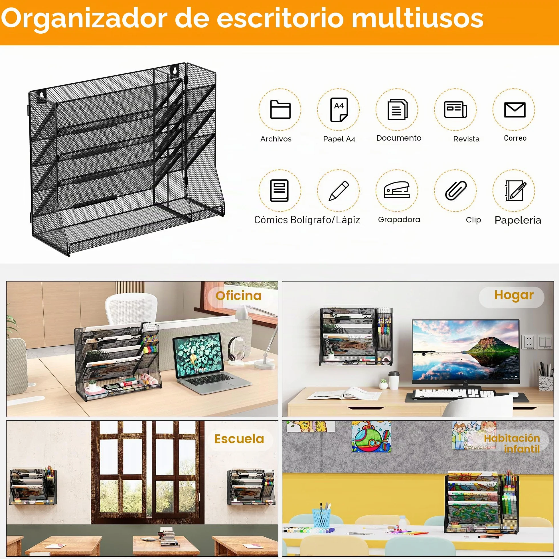 TQVAI Revistero Pared Malla Metálica 5 Compartimentos Organizador Papeles A4 Colgante Negro