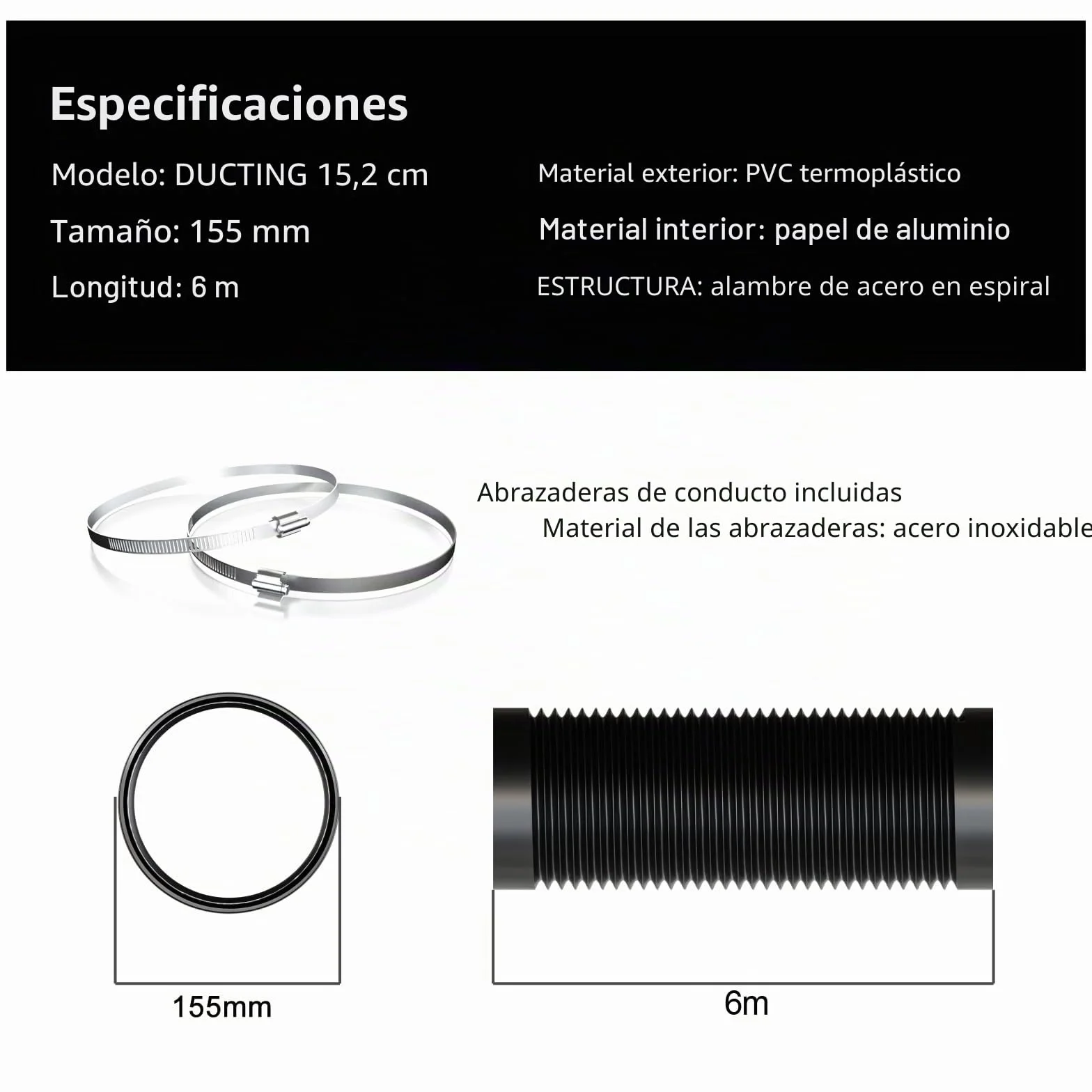 Aygrochy Manguera de ventilación de PVC de 150 mm, manguera de ventilación de 6 metros con 2 abrazaderas de manguera de acero inoxidable para aire acondicionado móvil, secadora, ventilador de