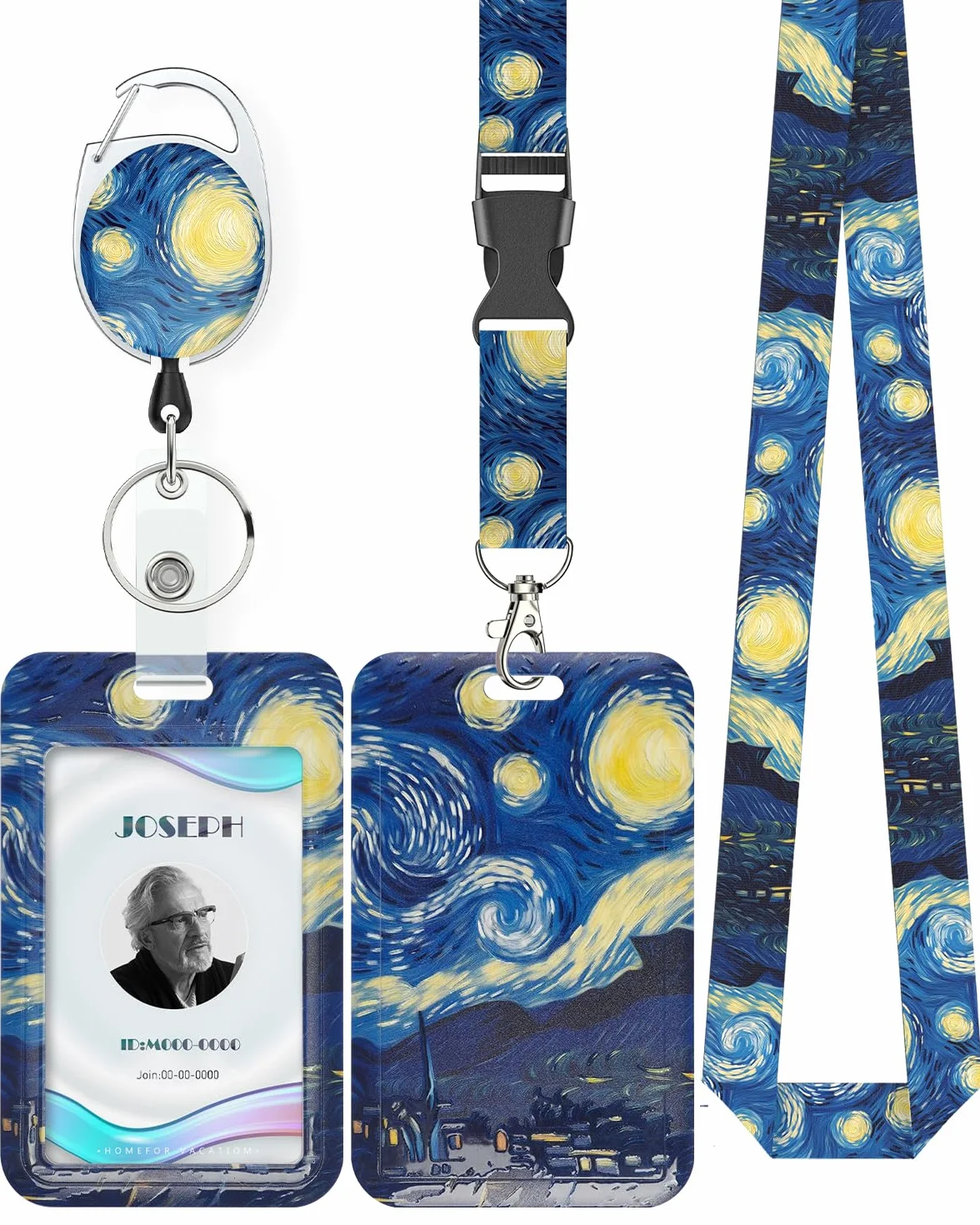 Uniclife Porta Tarjetas Identificativas La Noche estrellada Plástico Retráctil Mosquetón Cordón Desmontable Protector Vertical