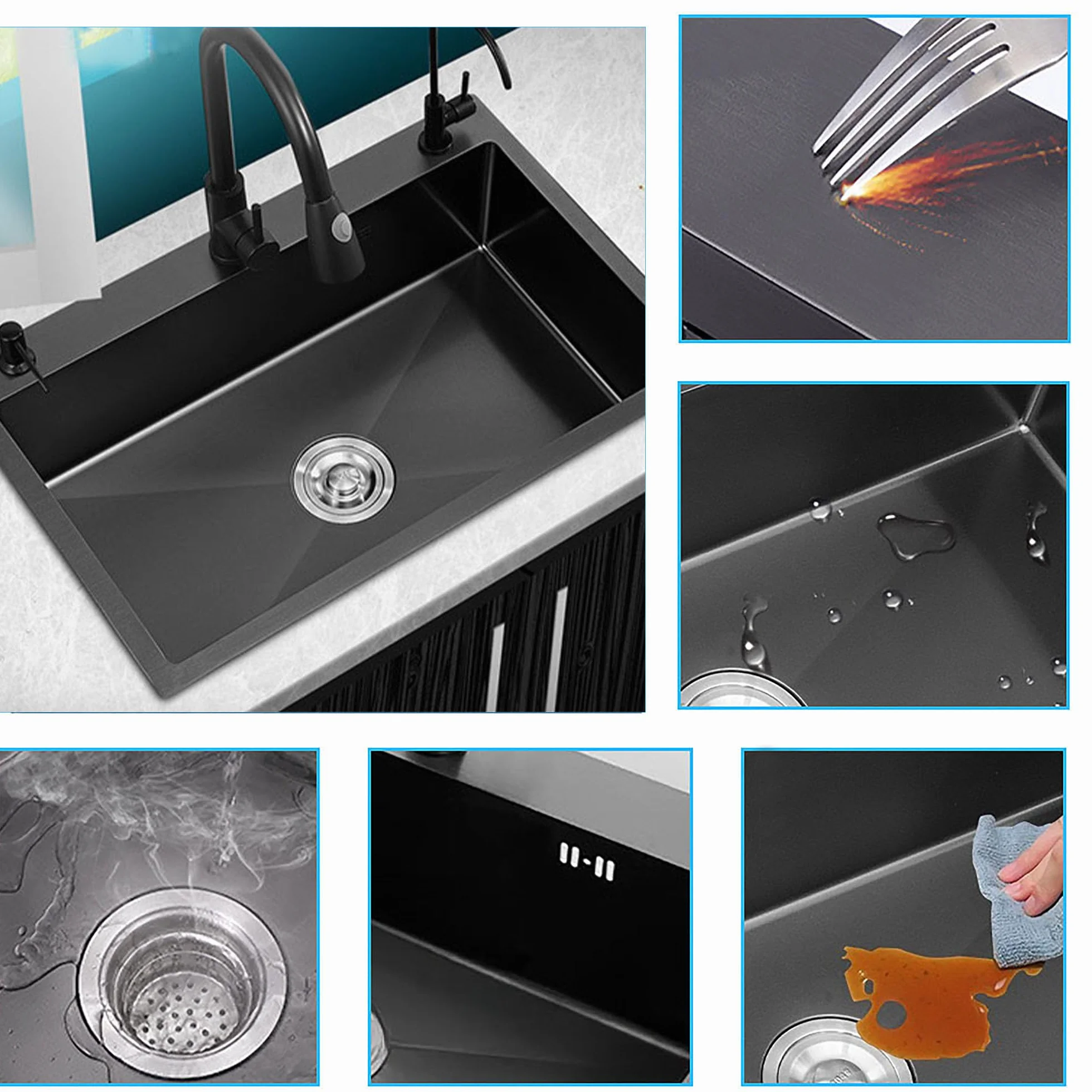 Fregadero de Cocina 1 Seno con Escurridor, Acero Inoxidable Negro, con Dispensador de Jabón para Baño, Viajes en Caravana, 68 * 45 * 20cm