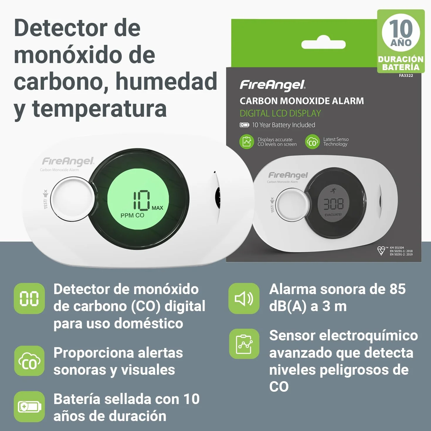 FireAngel Detector de Monóxido de Carbono Digital con Batería Sellada de 10 Años de Duración FA3322 - Alarma de CO, Humedad y Temperatura Portátil