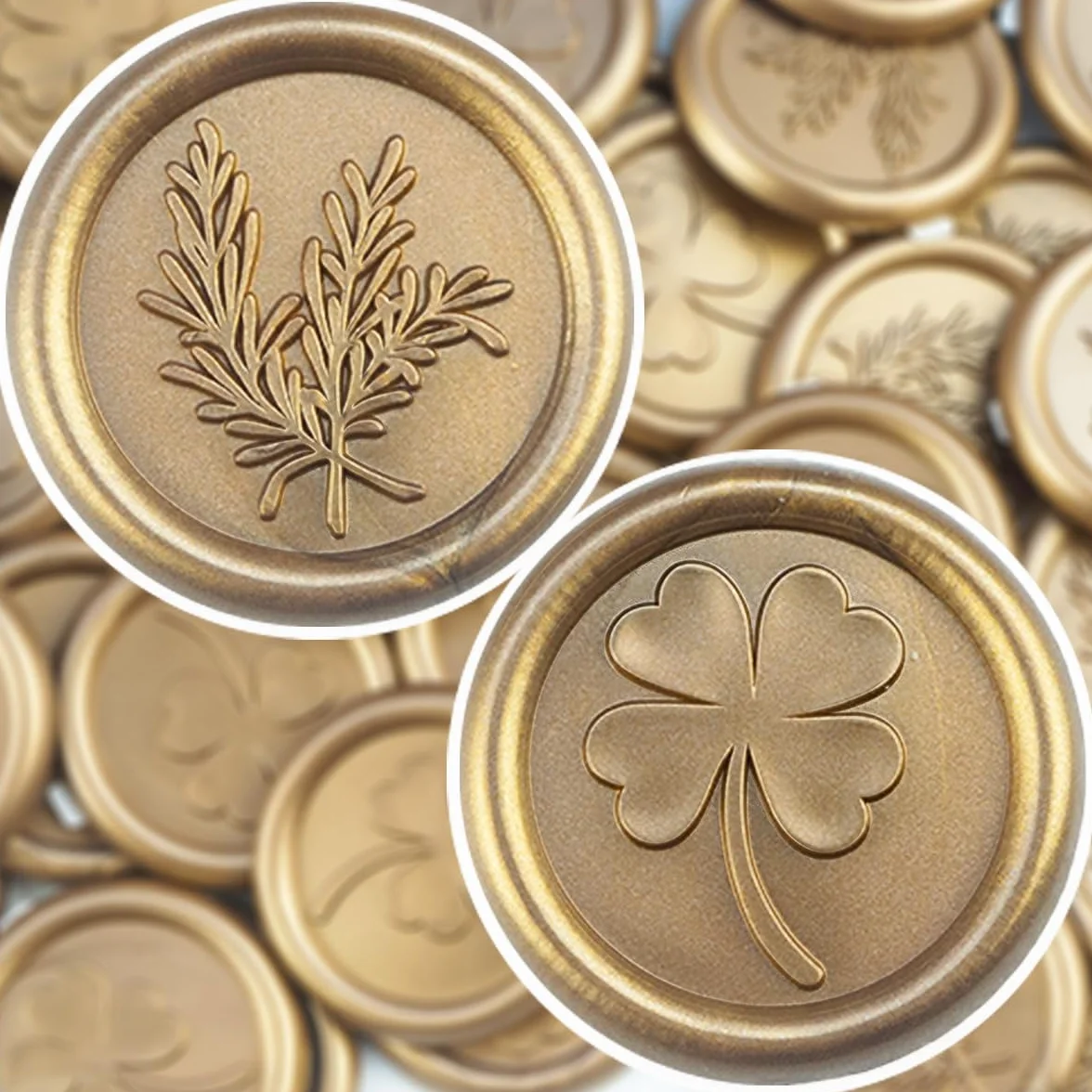 56 sellos de lacre adhesivos de bronce antiguo, con diseños de romero y trébol de cuatro hojas. Perfectos para invitaciones, Navidad, regalos y fiestas.