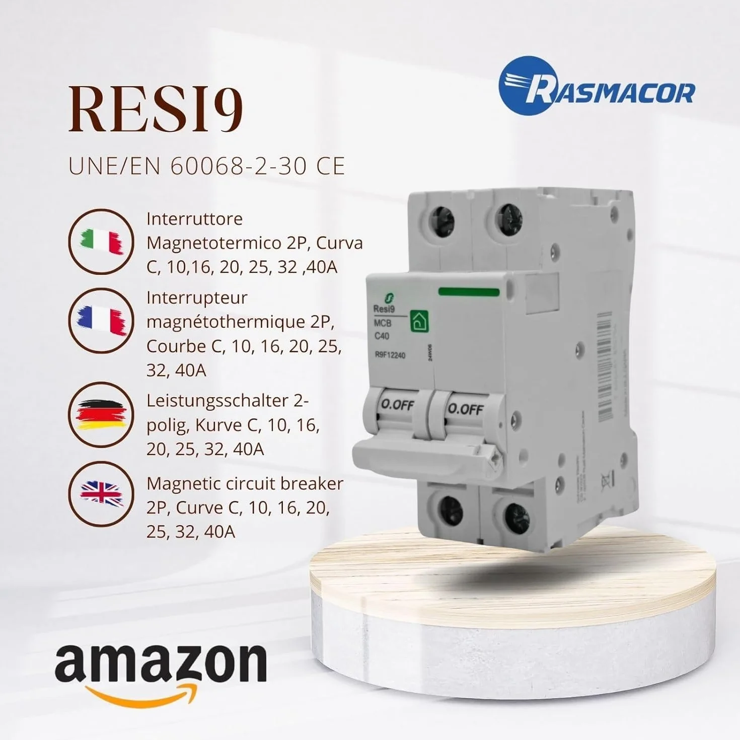 RASMACOR | Interruptor Magnetotérmico Residencial 2P 40A | RESI9 R9F12240 | CURVA C | Frecuencia 50/60HZ | Norma UNE/EN 60898-1 CE | 40 Amperes