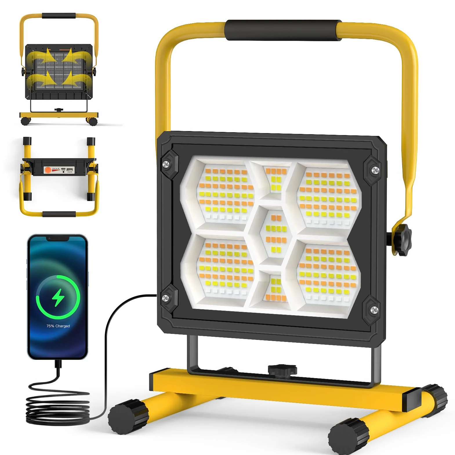 Sararoom Foco LED Recargable, 100W Luz de Trabajo Portátil 5 Modos, Banco de Energía, Focos para zonas de trabajo Solar, IP65 Impermeable Reflector Exterior para Camping Jardín Pesca Garaje Emergencia
