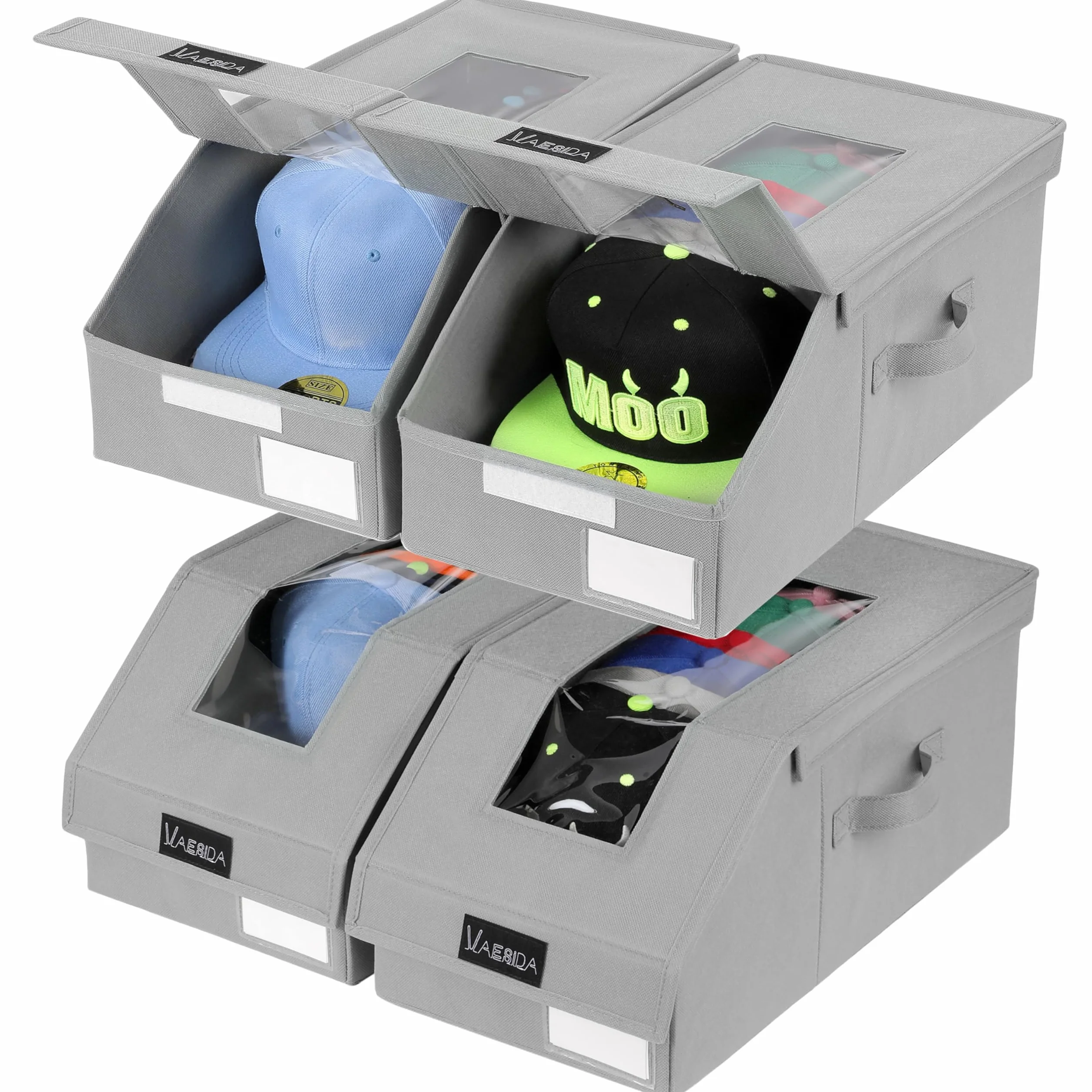 VAESIDA Organizador de Gorras Apilable, 4 Unidades - Porta Gorros para 56 Gorros, Caja de Almacenamiento para Gorras de Béisbol, Organizador para Armario y Estantería, Soporte para Sombreros