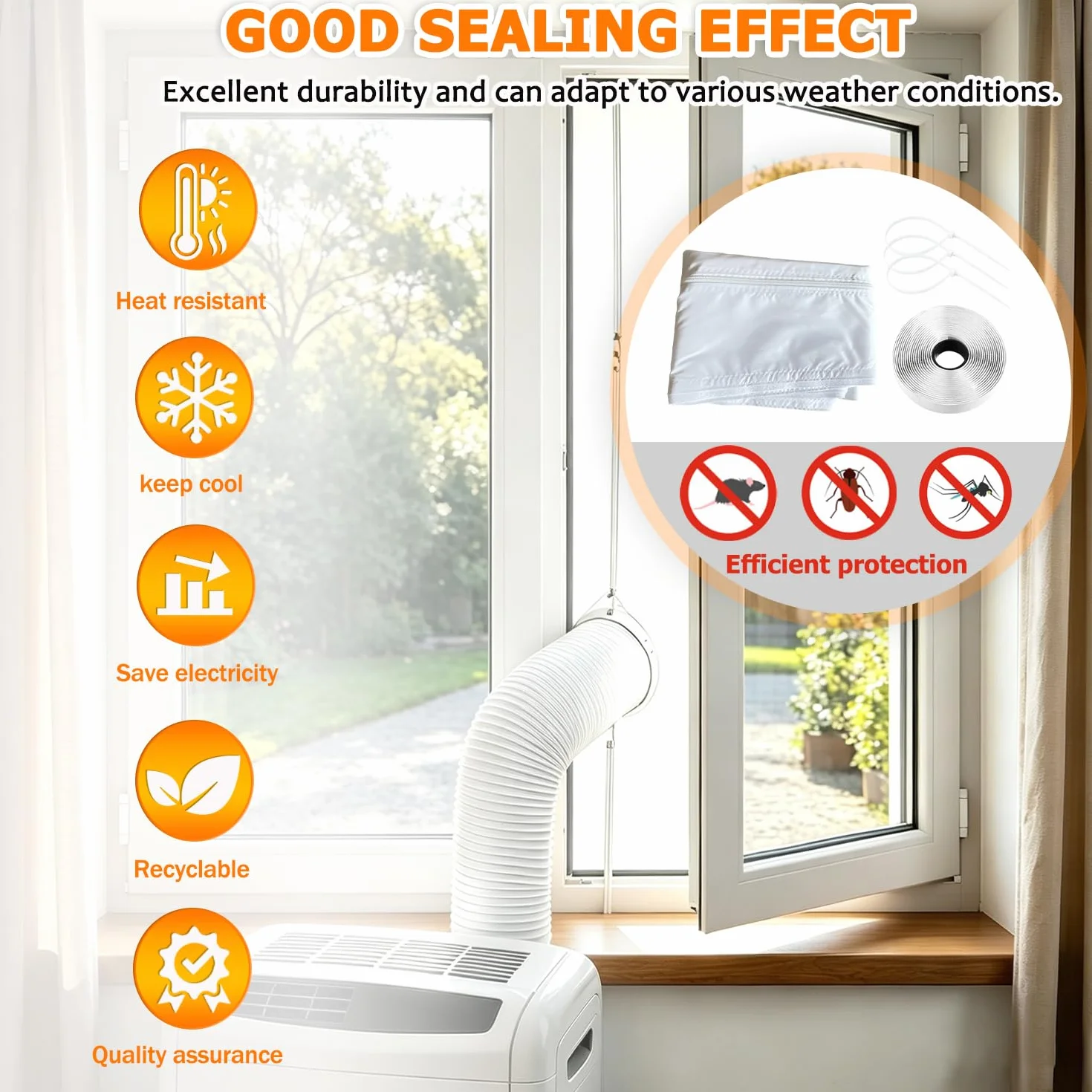400CM Kit de Calafateo para Aire Acondicionado, Sello de Ventana Universal, Kit de Ventana Portátil para Aire Acondicionado y Secadora de Muebles | Kit de sellado de ventilación de ventana para secadora de aire acondicionado portátil, con cremallera y cie