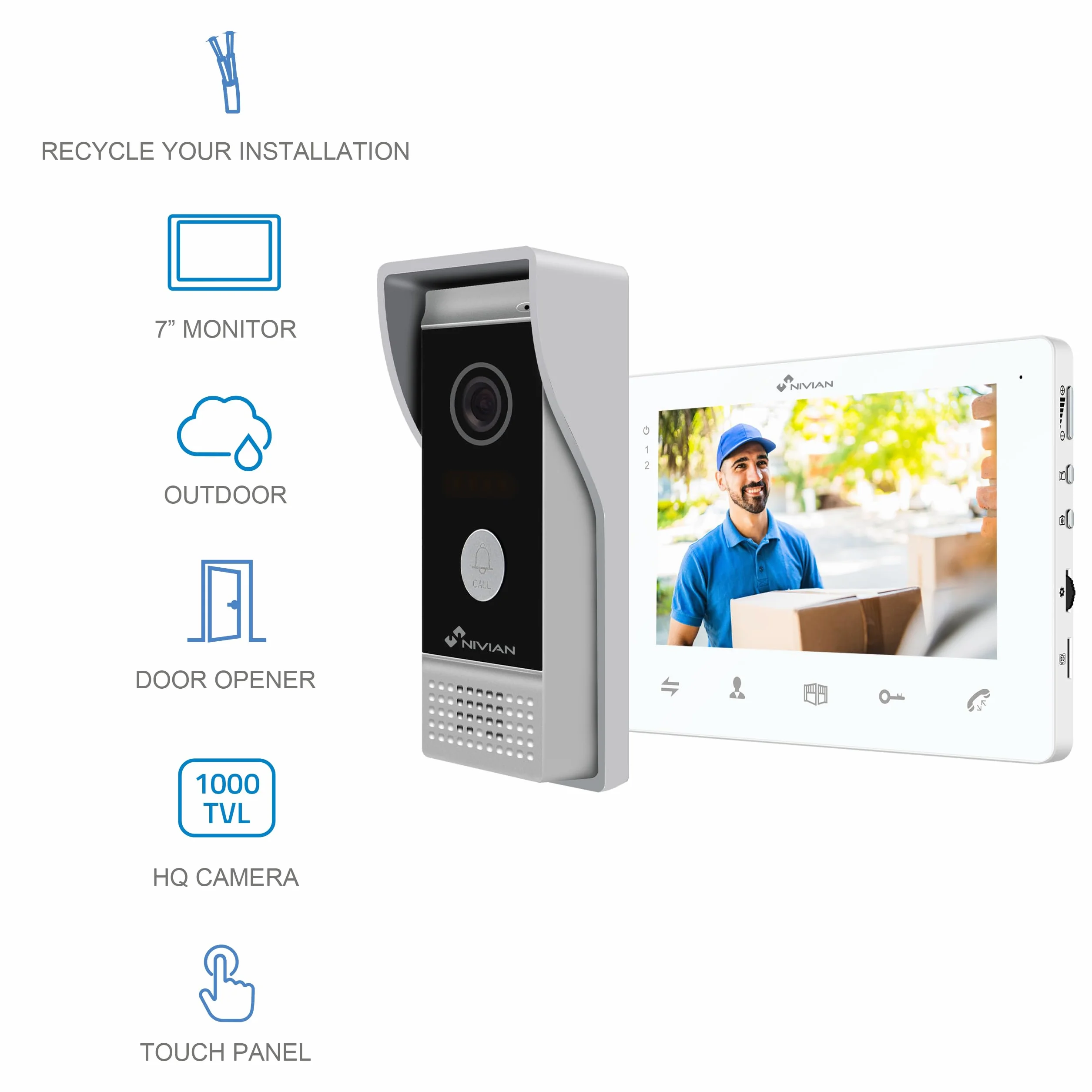 NIVIAN Videoportero 2 Hilos Analógico Monitor 7" IP65 Antivandálica Visión Nocturna Abrepuertas Eléctrico