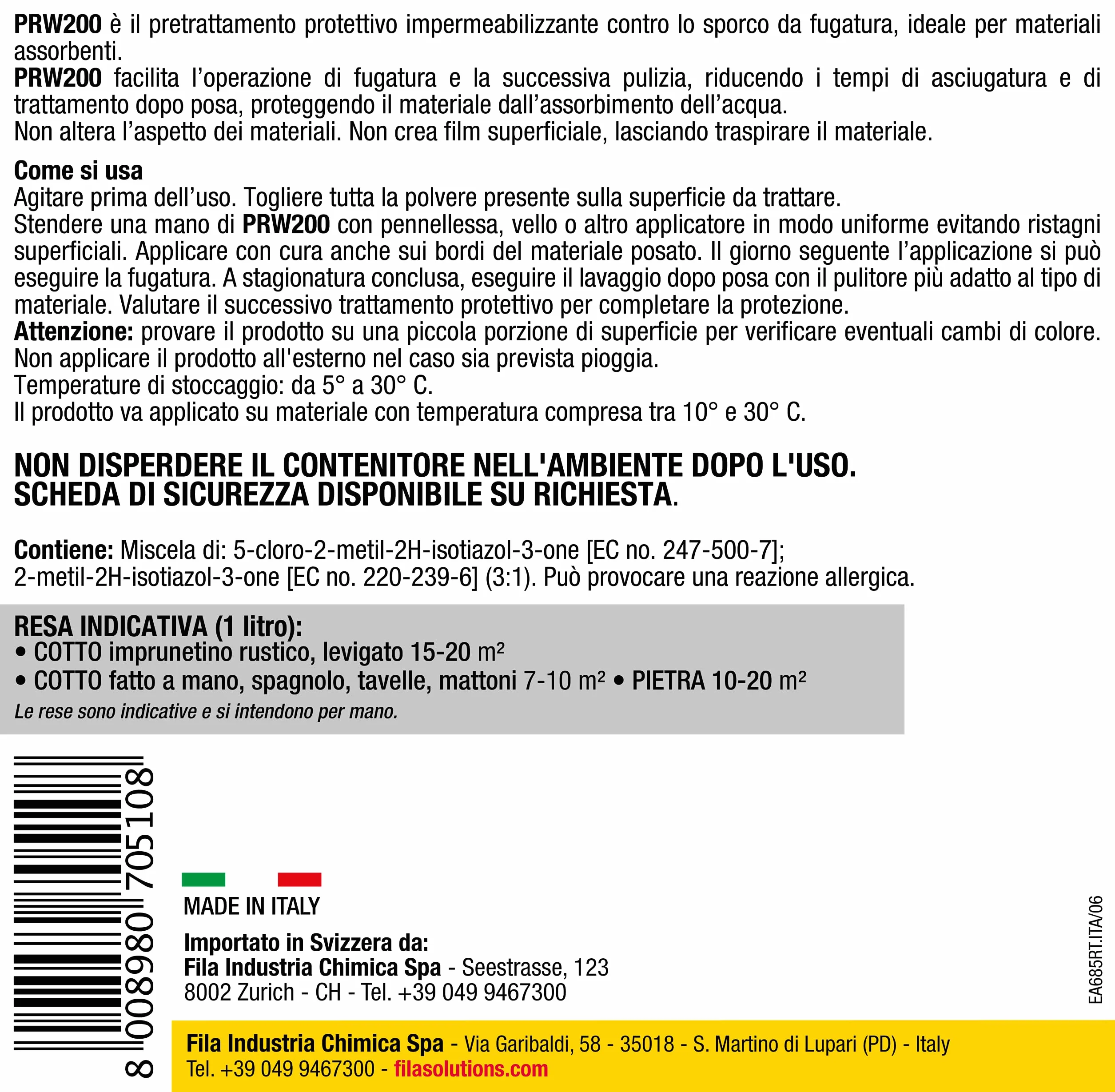 FILA Surface Care Solutions, PRW200, protector impermeable prefugado, facilita la limpieza después de pasar y no altera la apariencia de los materiales, 1 l