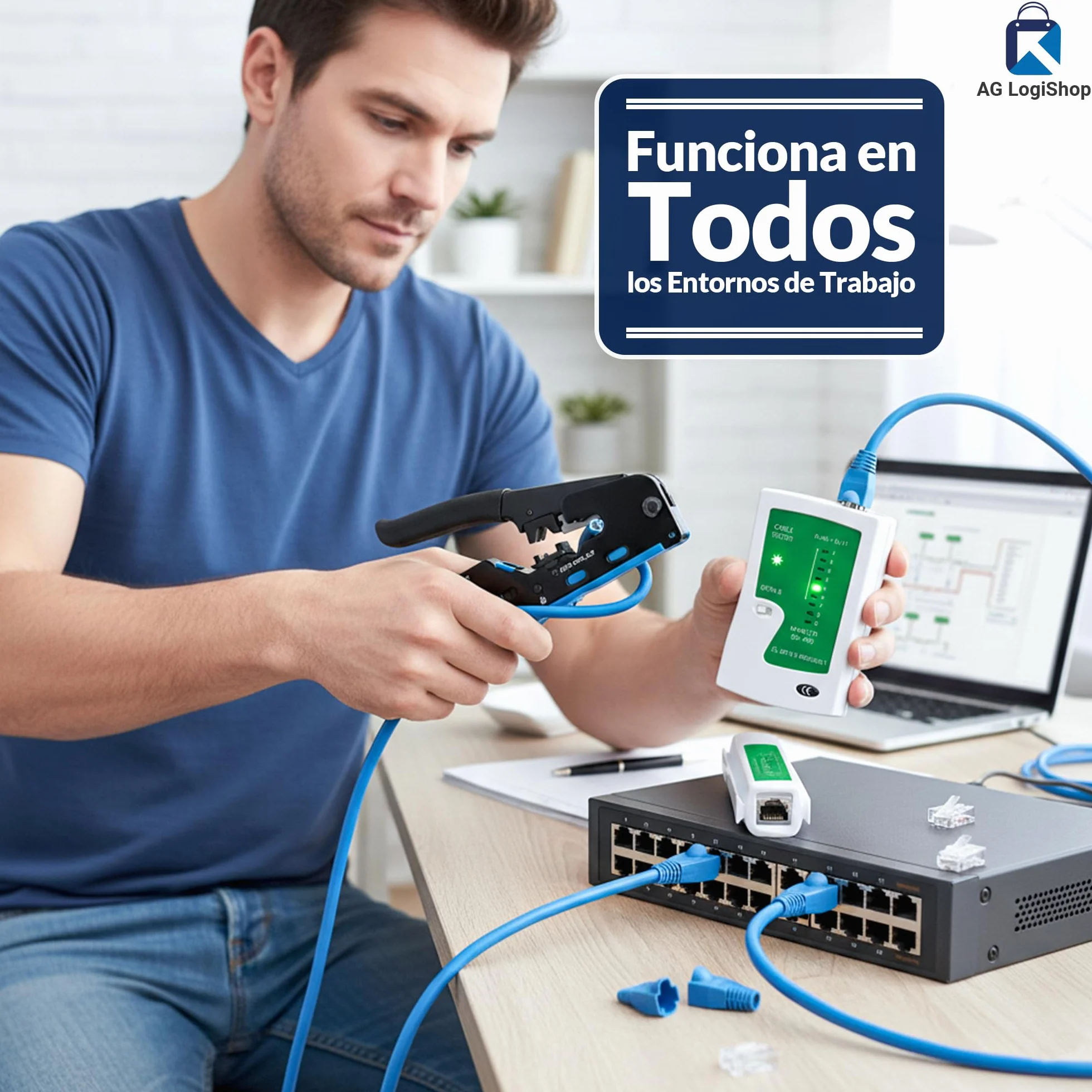 AG LogiShop Kit Herramienta de Crimpado RJ45 + Alicates + Pelacables + Comprobador de Conexión + 50pc Conectores + 50pc Fundas + Bolsa de Almacenamiento | Cat5/5e/6/7 + 6P/8P