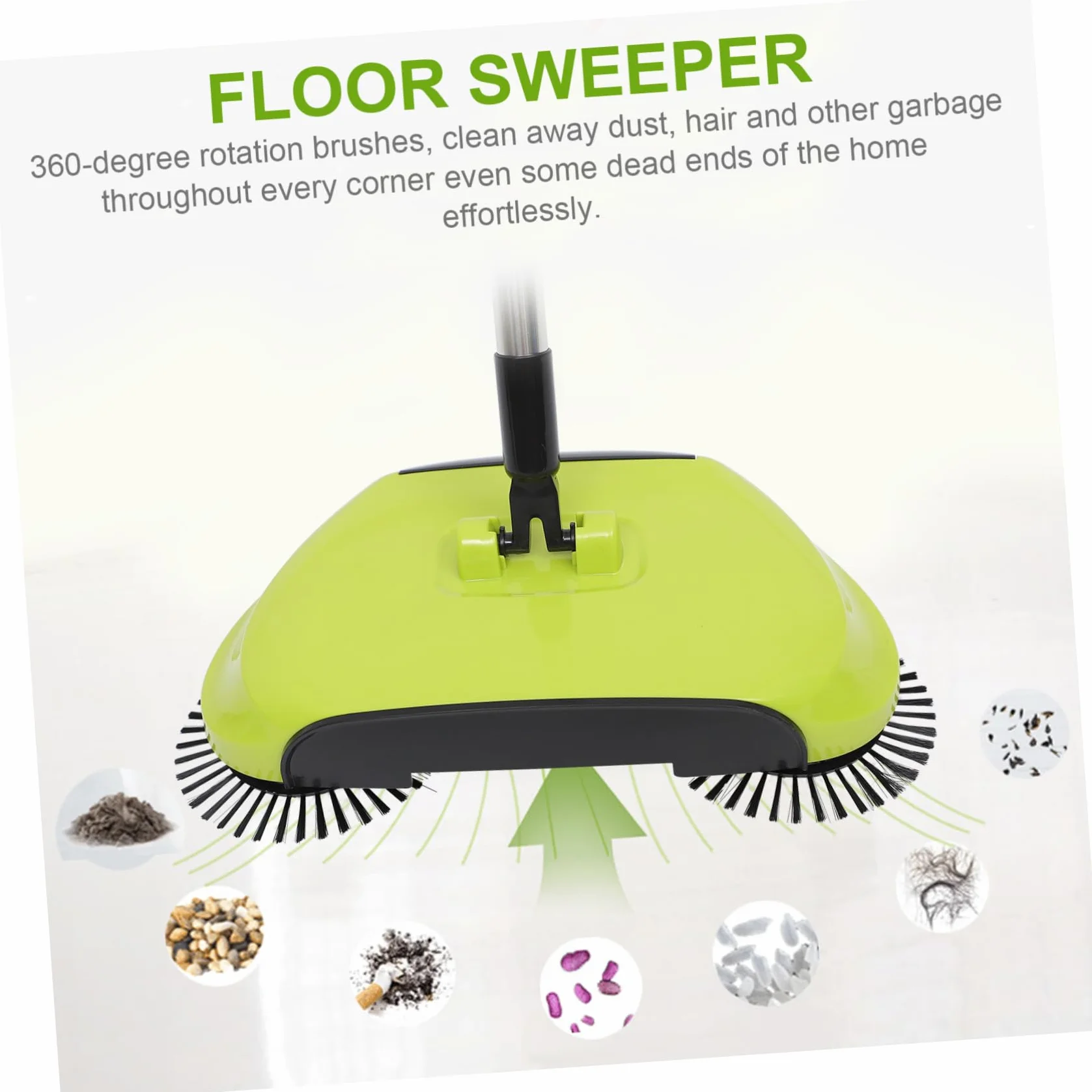 Ciieeo Barredora de Mano Hogar para Limpieza de Pisos Duros y Escoba de Empuje 360° Ajustable Abs y Acero Inoxidable sin Electricidad Recogedor Cubo Cerrado Verde