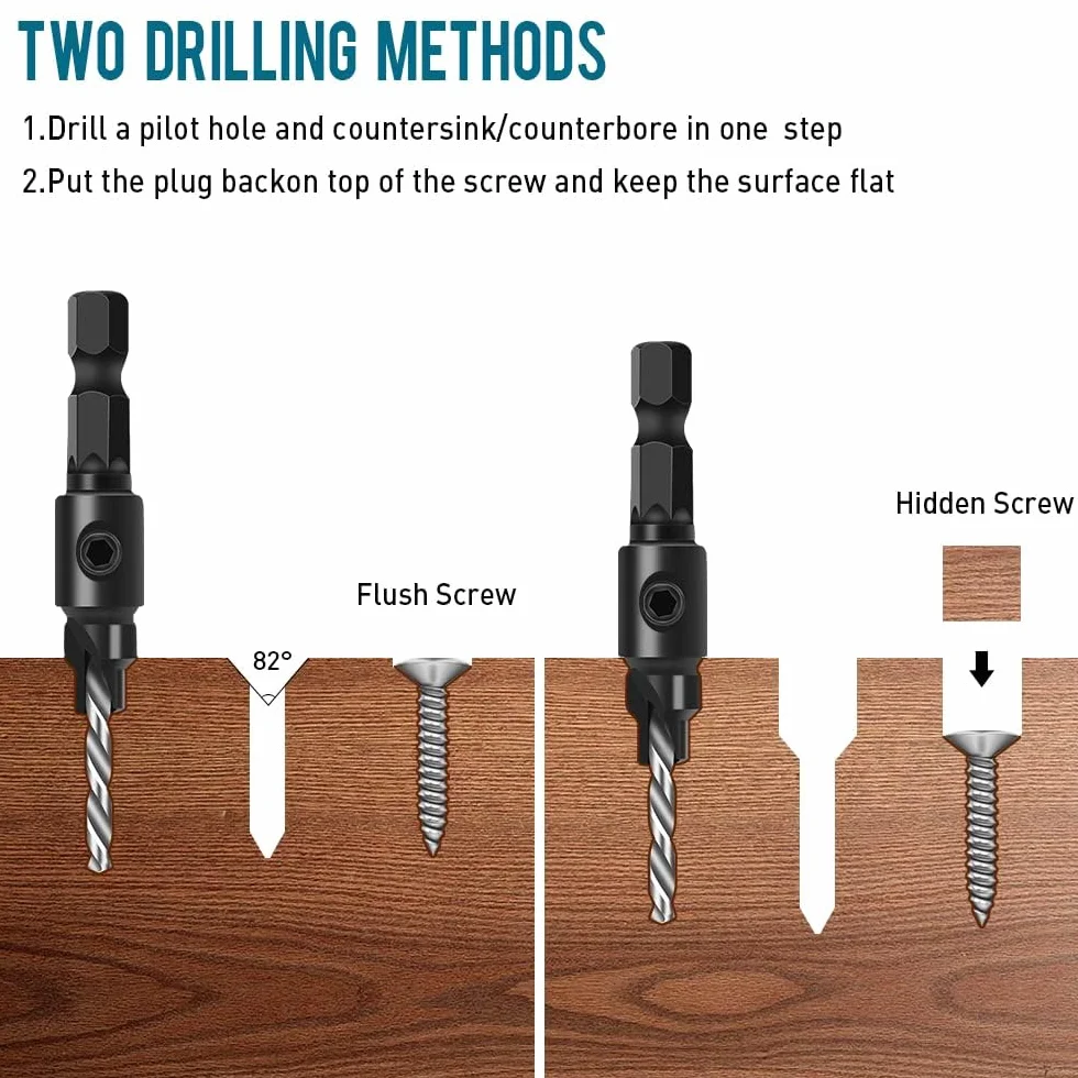Juego de 5 brocas avellanadoras para carpintería, 1/4" HSS con avellanador, para tornillos #5-12, con llave en L
