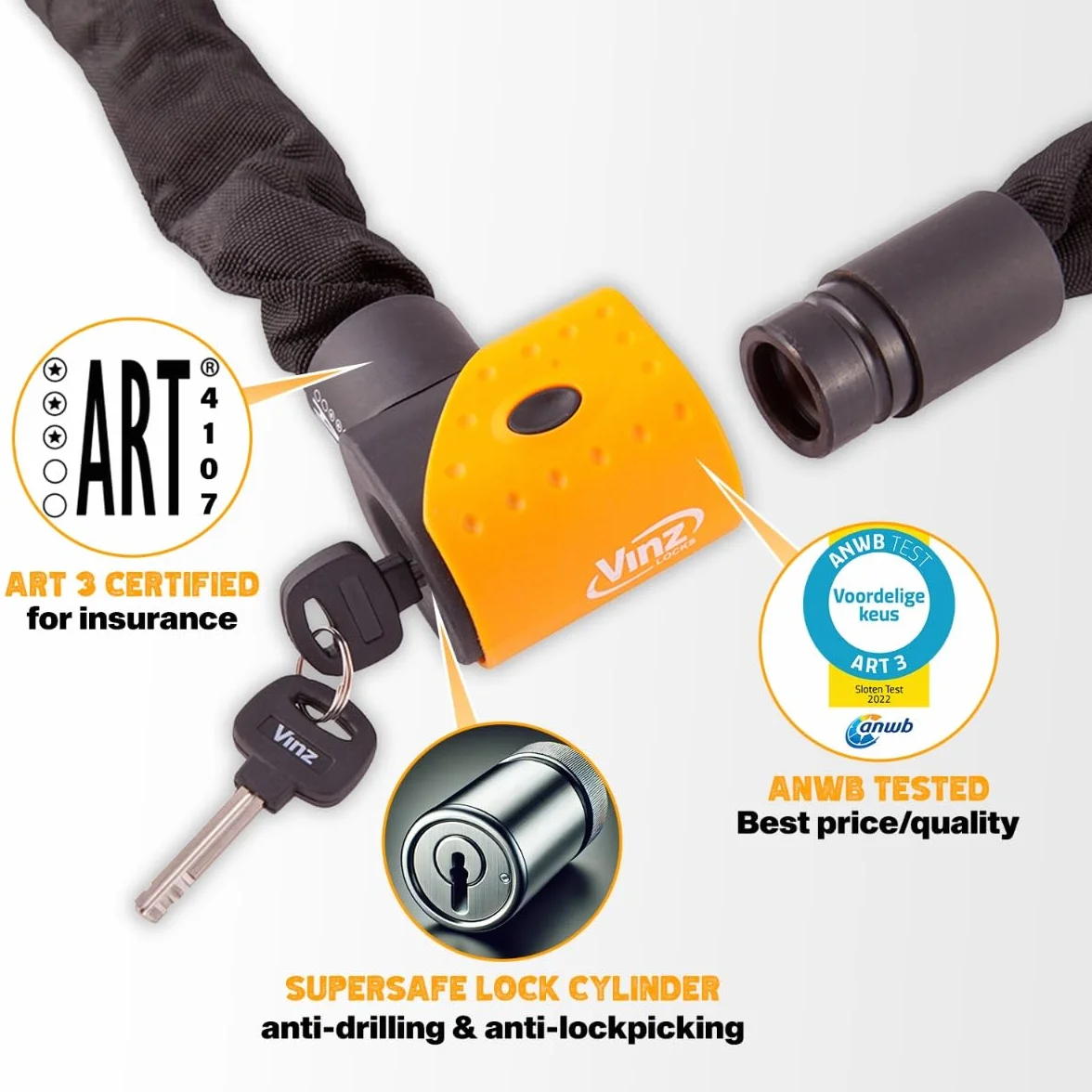 VINZ Jannu Candado de Scooter | Antirrobo con Llave | Homologada ART 3 | Testado Acero Endurecido ø10mm | Candado de Cadena para Motos & Scooters - 100cm