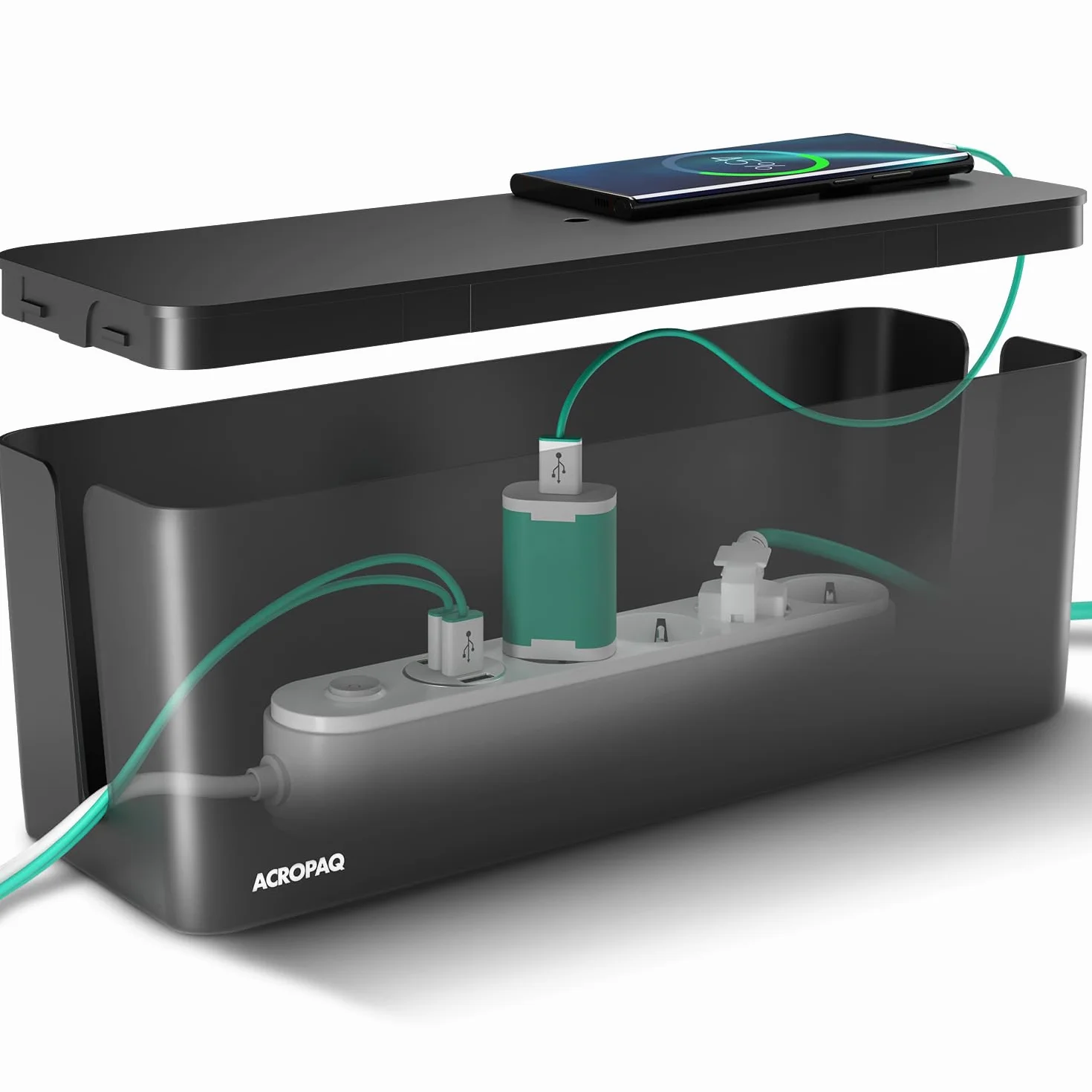 ACROPAQ Caja Porta Cables - Grande (40,6 x 15,6 x 13,4 cm), Caja para la gestión de Cables para esconder Cables y enchufes, Plástico, Negro - Caja Cables, Organizador de Cables